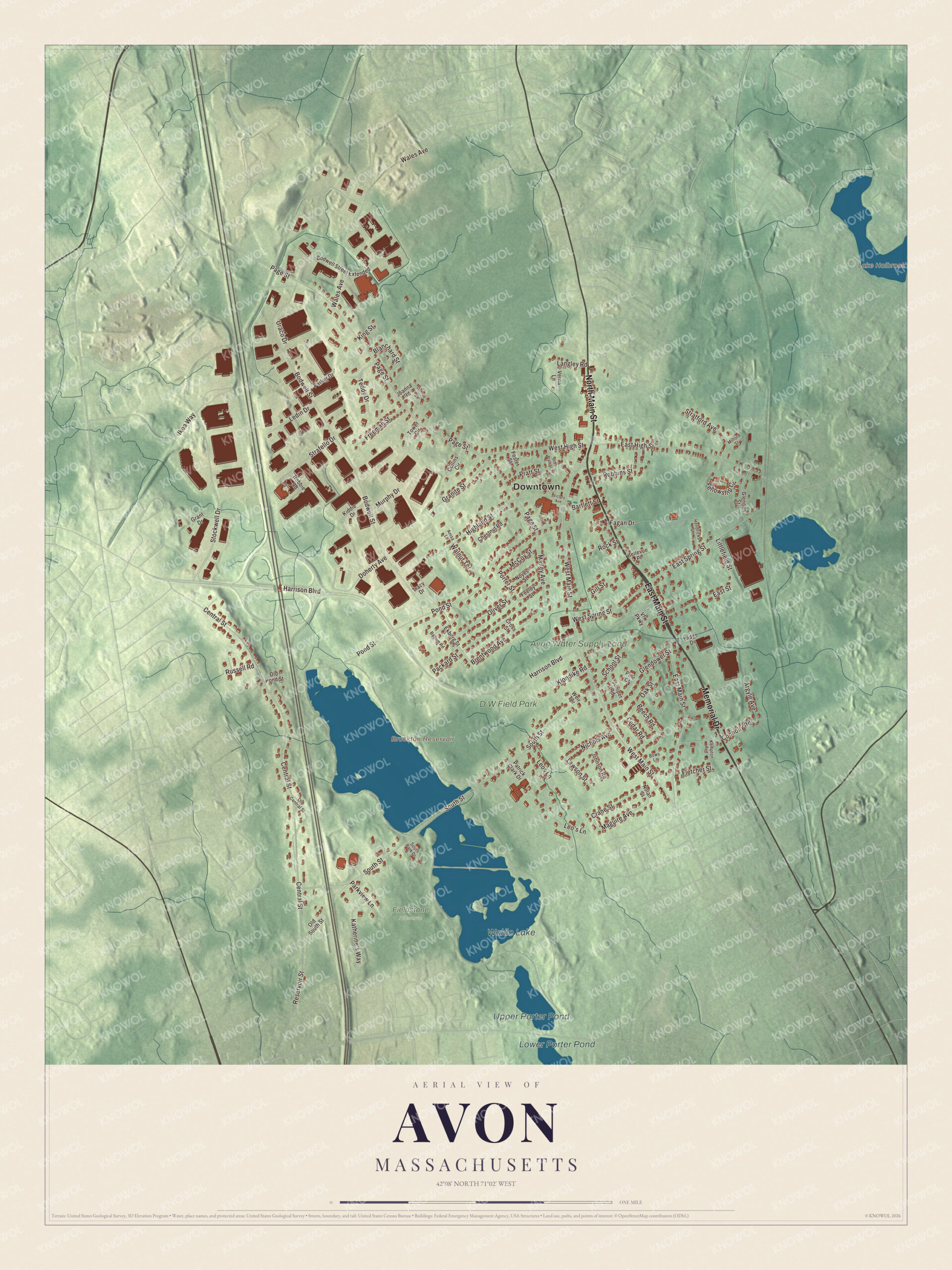 Map of Avon, Massachusetts, with the Brockton Reservoir, Waldo Lake, D W Field Park and Main Street