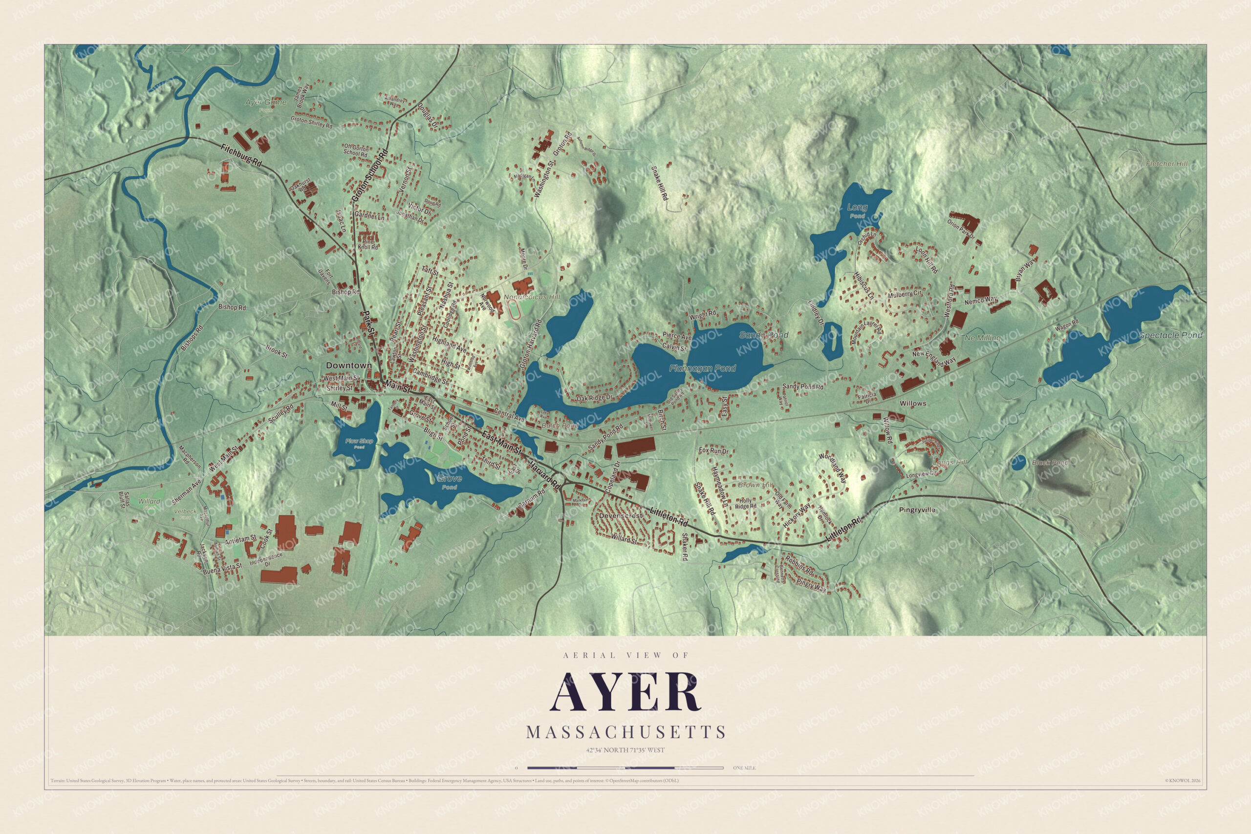 Map of Ayer, Massachusetts, with Main Street, Spectacle Pond, the Willows and Pingryville