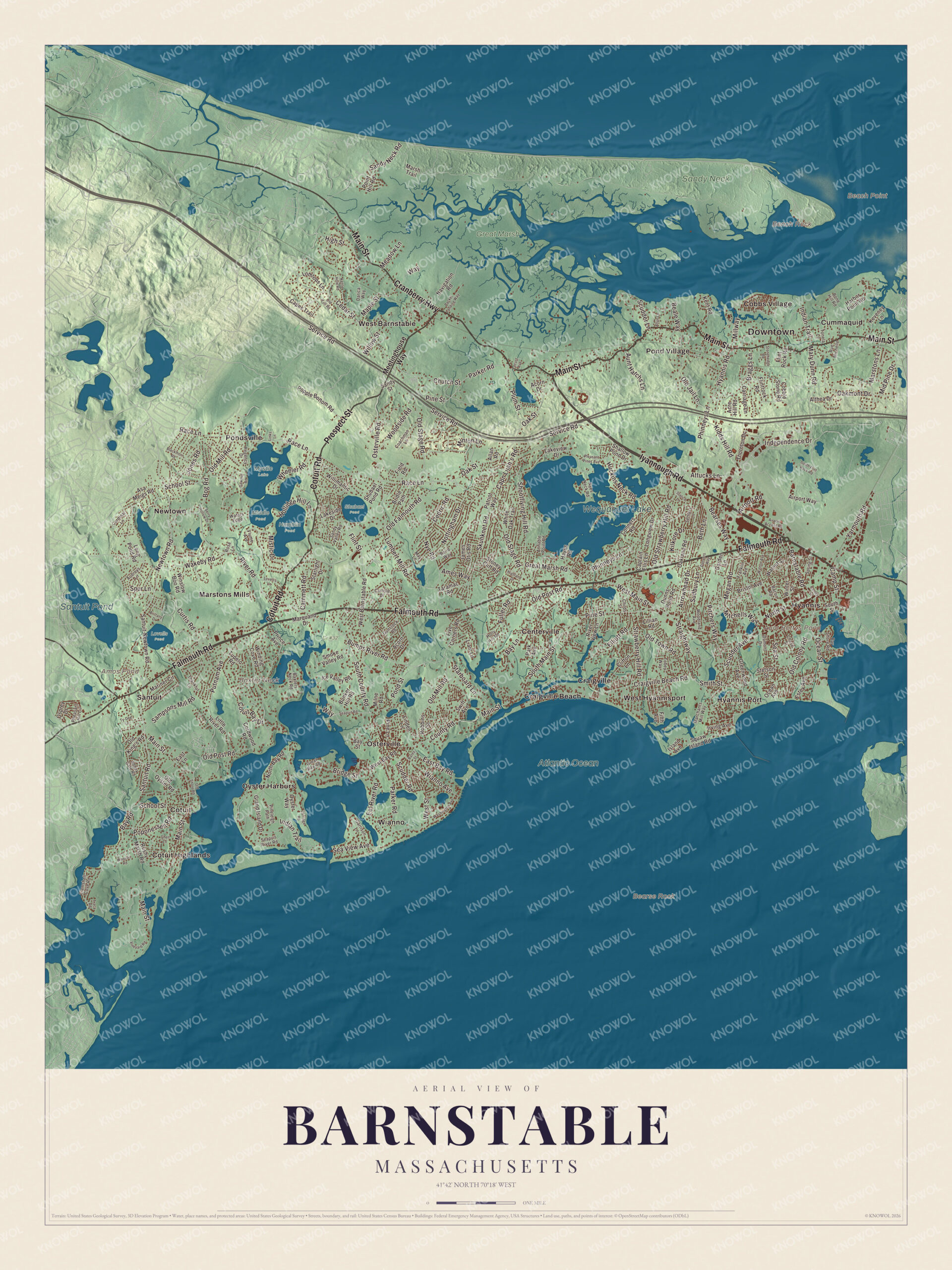 Map of Barnstable, Massachusetts, with Wequaquet Lake, Centerville, Cotuit and Iyannough Road