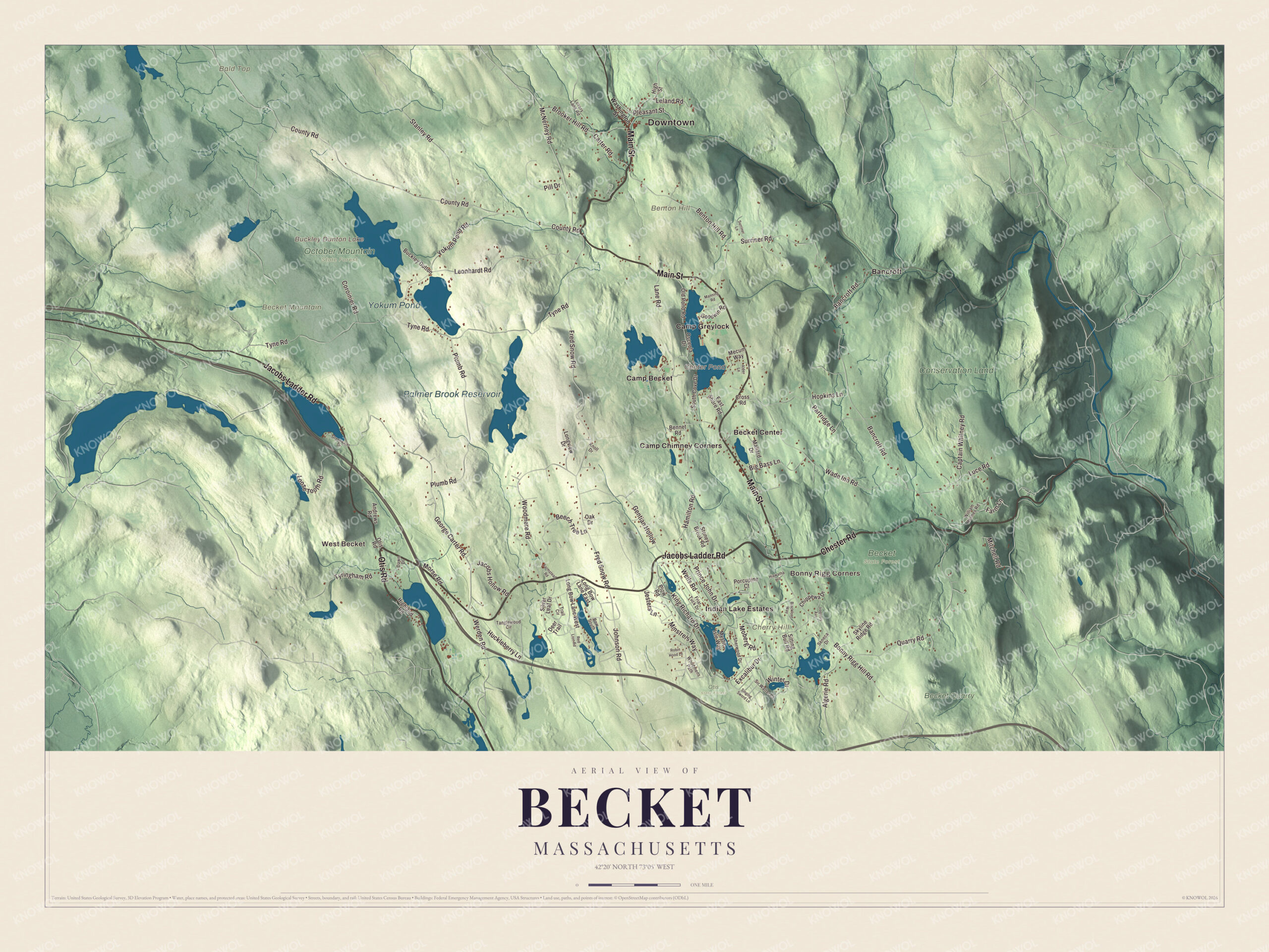 Map of Becket, Massachusetts, with Center Pond, Yokum Pond, Becket Mountain and Jacobs Ladder Road
