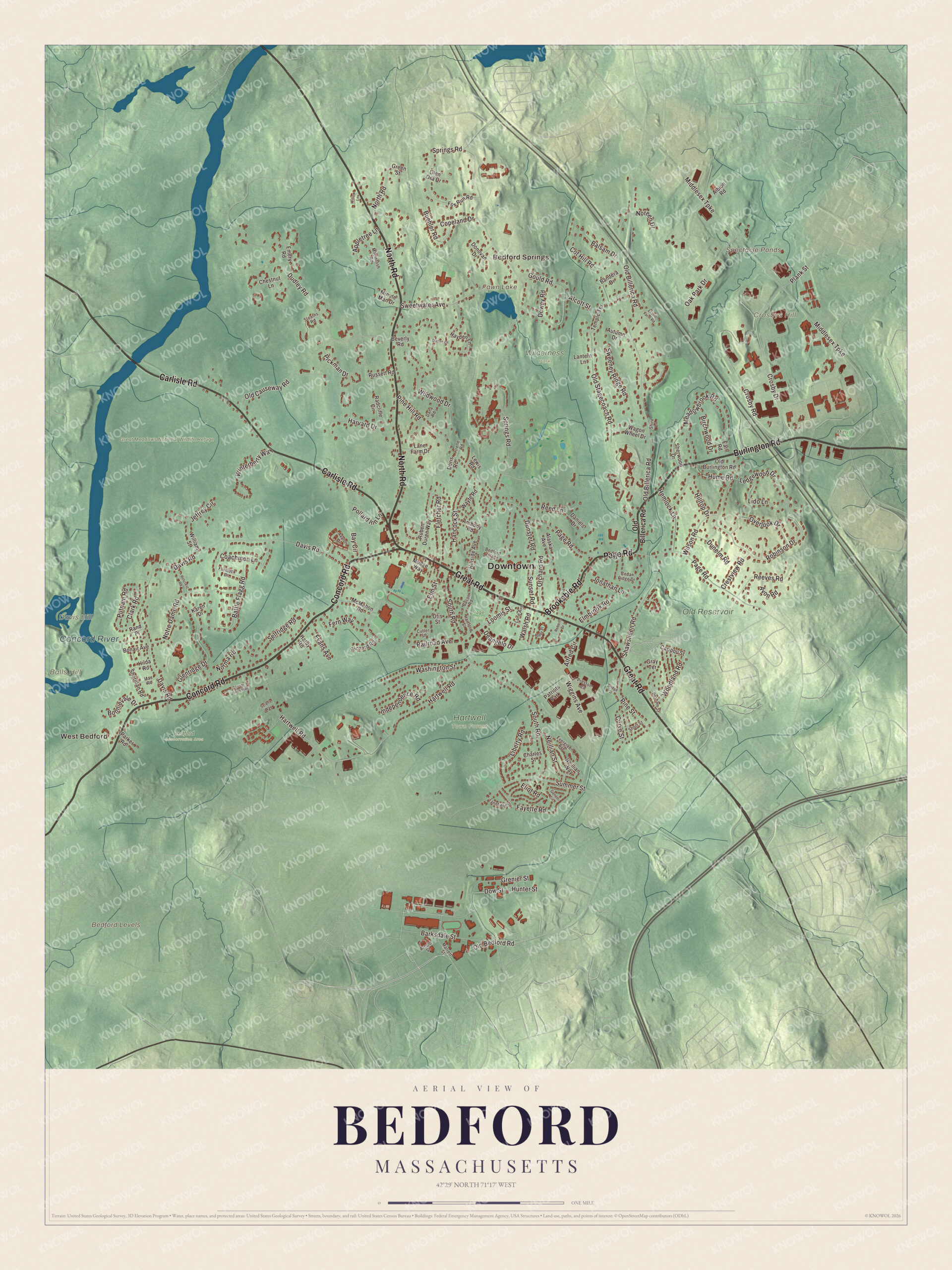 Watermarked full-map preview of Bedford, Massachusetts