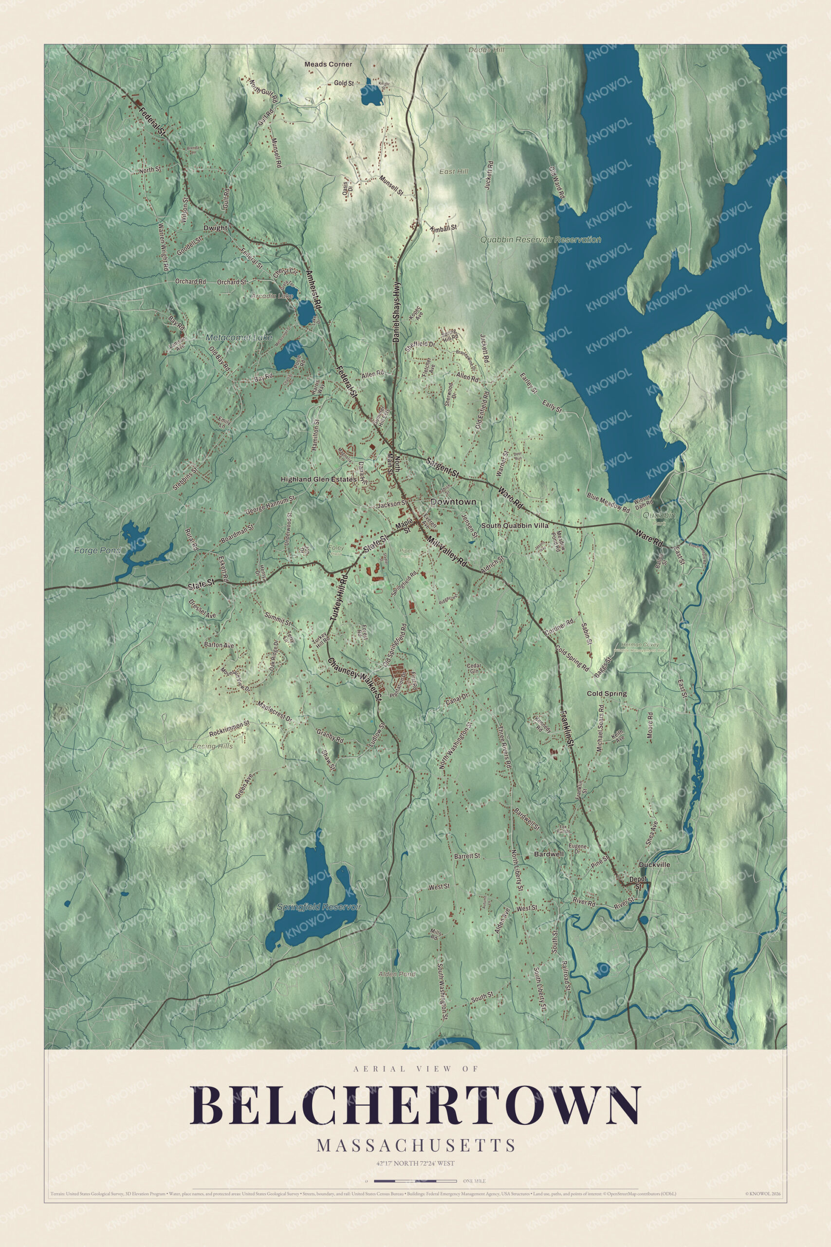 Map of Belchertown, Massachusetts, with Federal Street, Arcadia Lake, Dwight and the Quabbin Reservoir Reservation