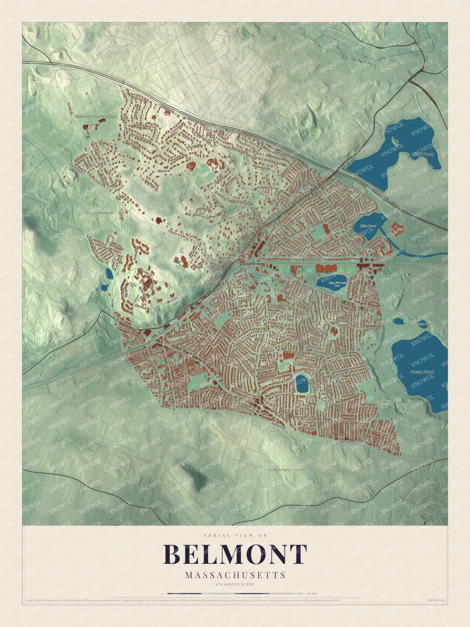 Map of Belmont, Massachusetts, with Pleasant Street, Trapelo Road, Claypit Pond and Payson Park
