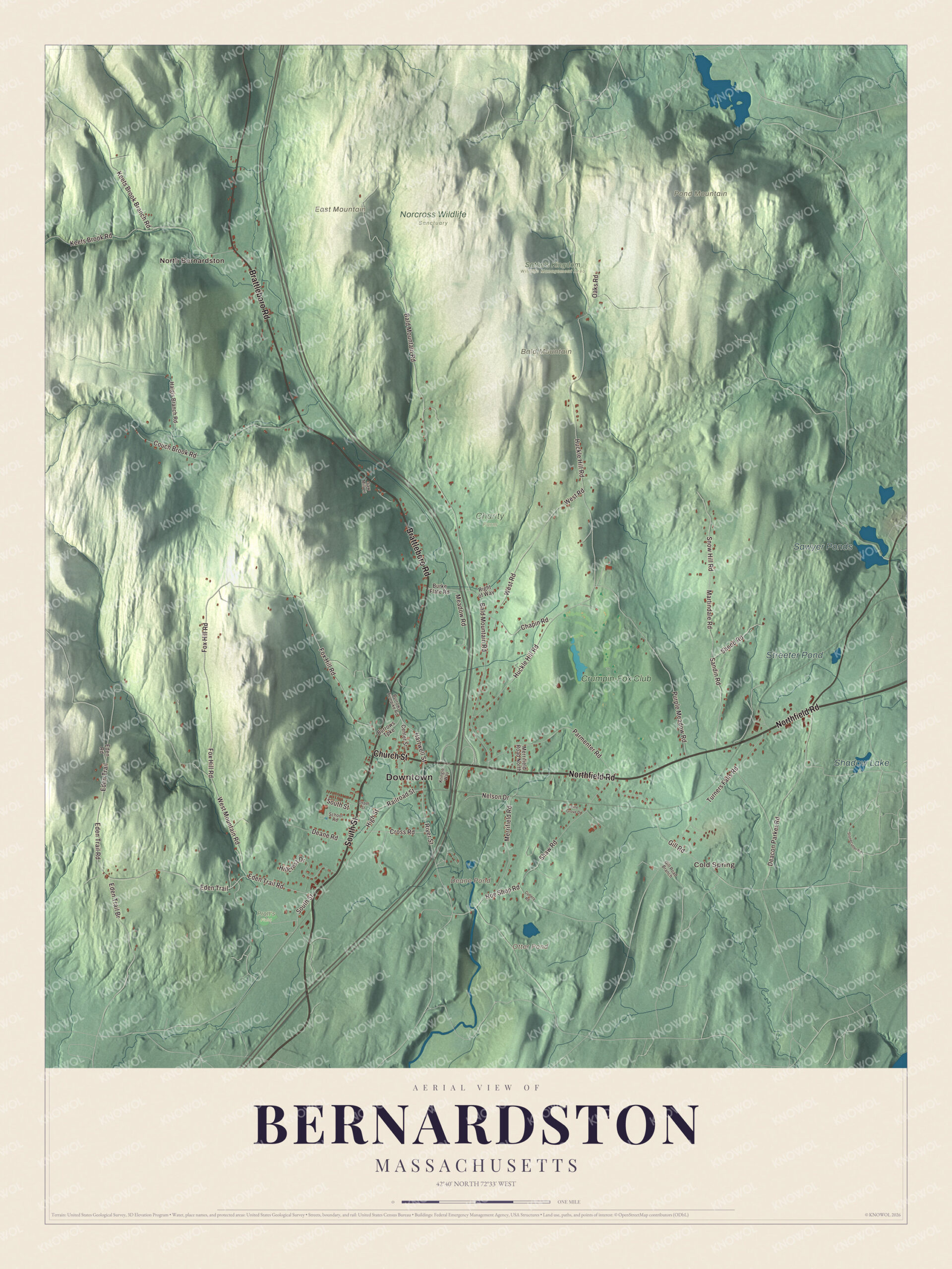 Map of Bernardston, Massachusetts, with Shadow Lake, Bald Mountain, Brattleboro Road and Northfield Road