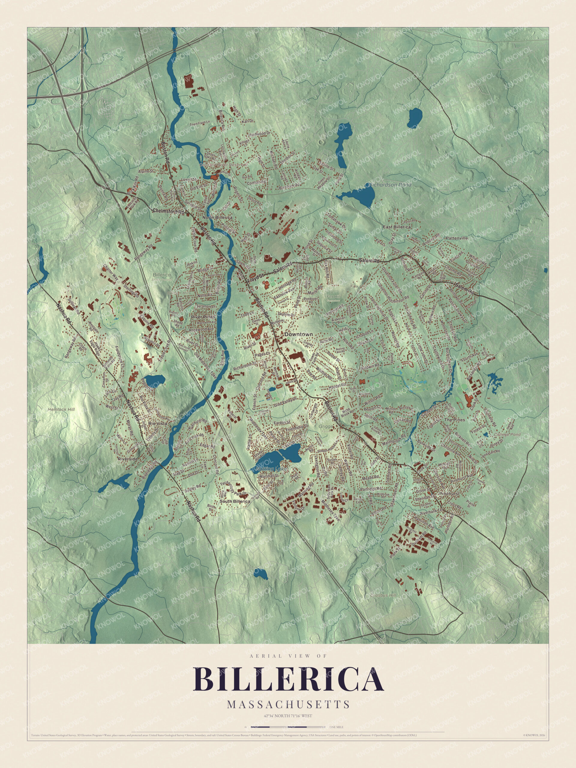 Map of Billerica, Massachusetts, with Boston Road, Chelmsford Road, Nutting Lake and North Billerica