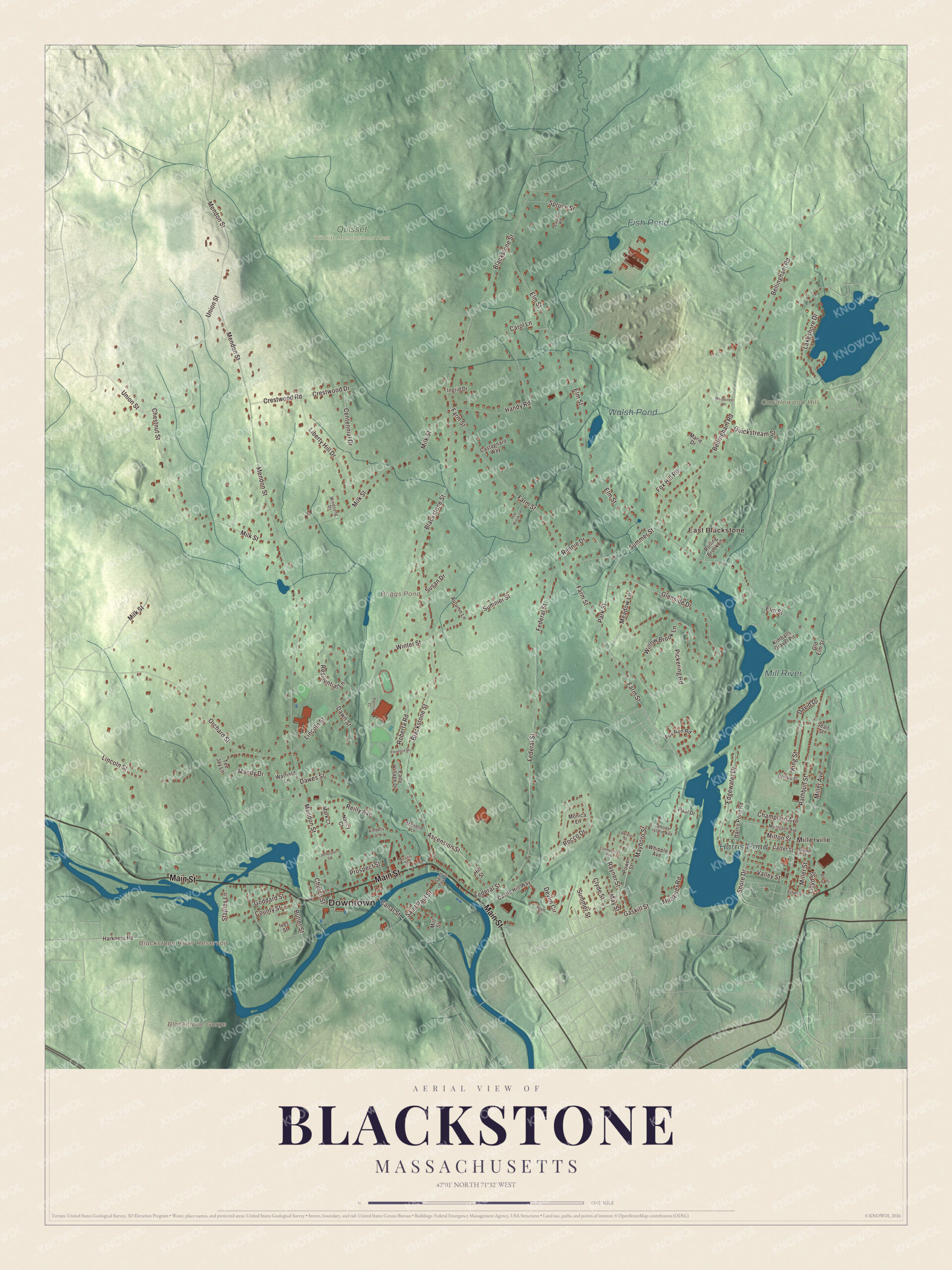 Map of Blackstone, Massachusetts, with Main Street, Millerville and Harris Pond