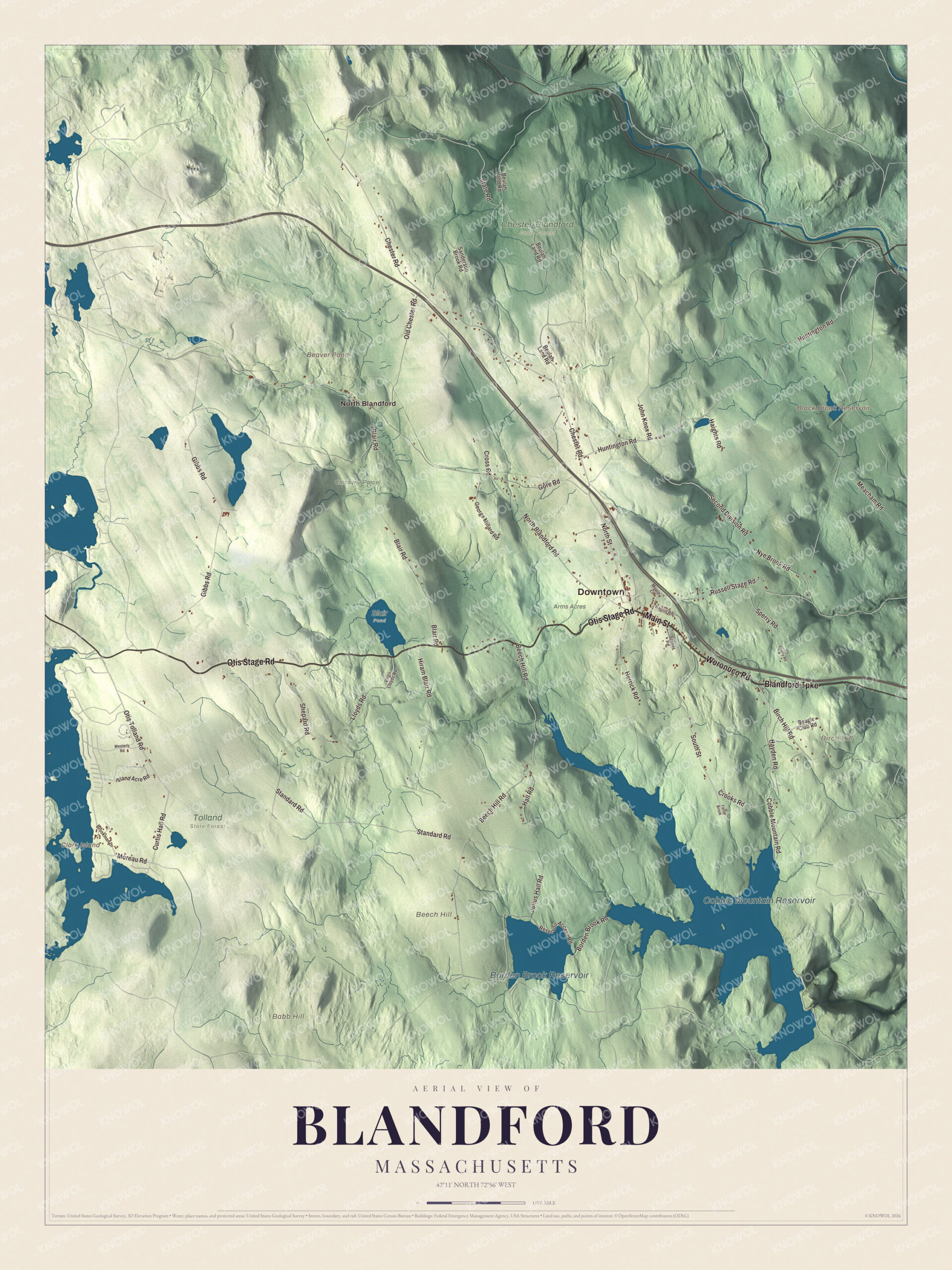 Map of Blandford, Massachusetts, with Main Street, North Blandford and Cobble Mountain Reservoir