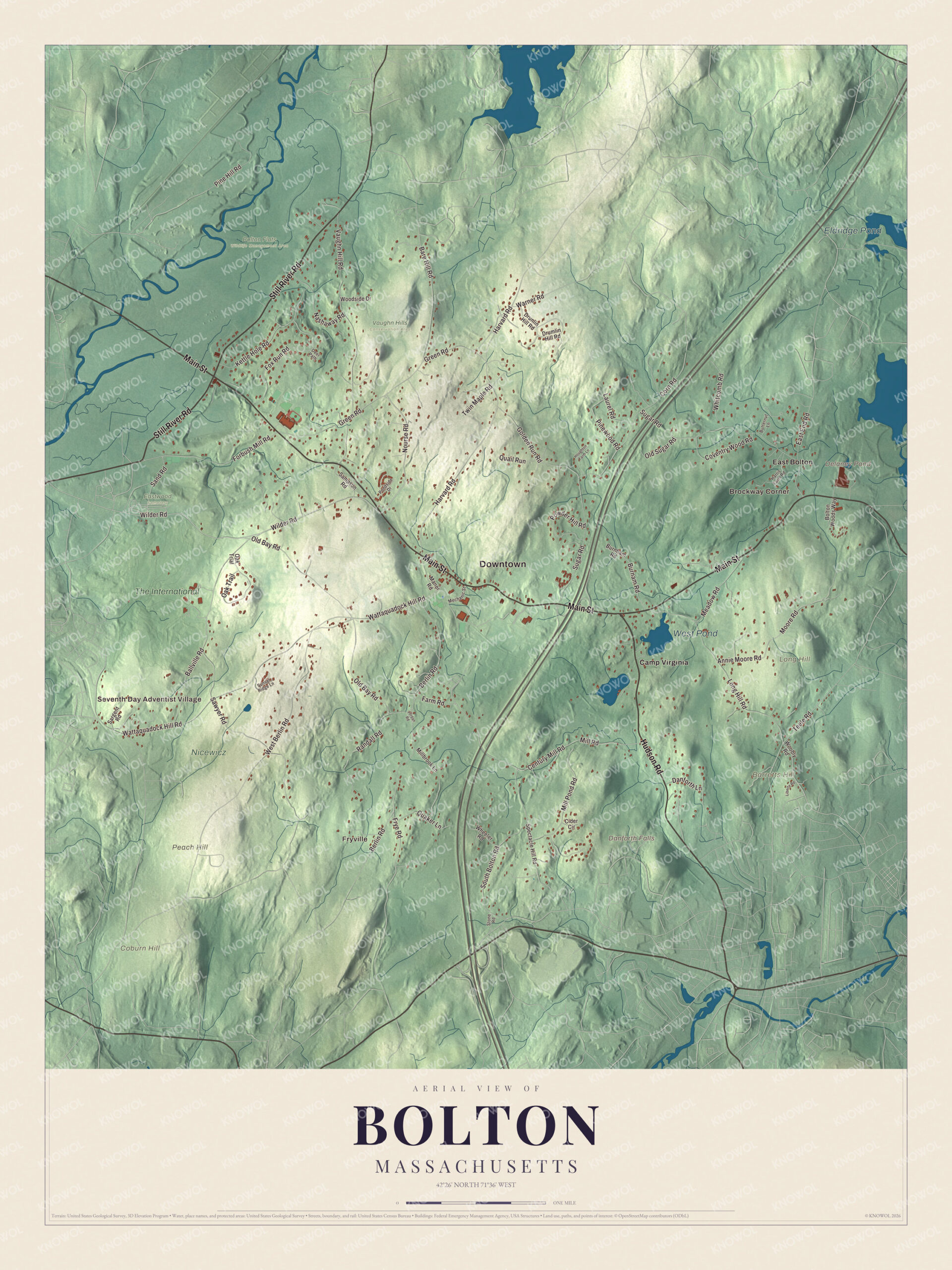Map of Bolton, Massachusetts, with Main Street, Still River Road and the Still River