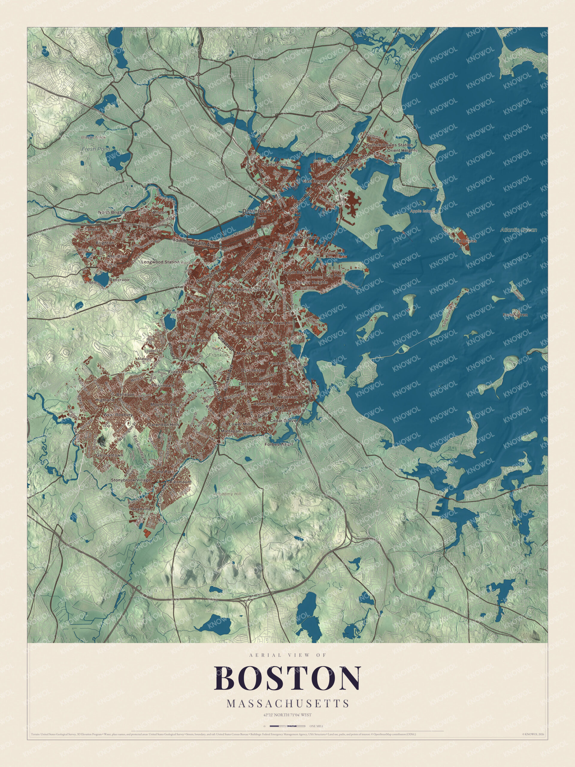 Map of Boston, Massachusetts, with Commonwealth Avenue, the Back Bay Fens and Huntington Avenue