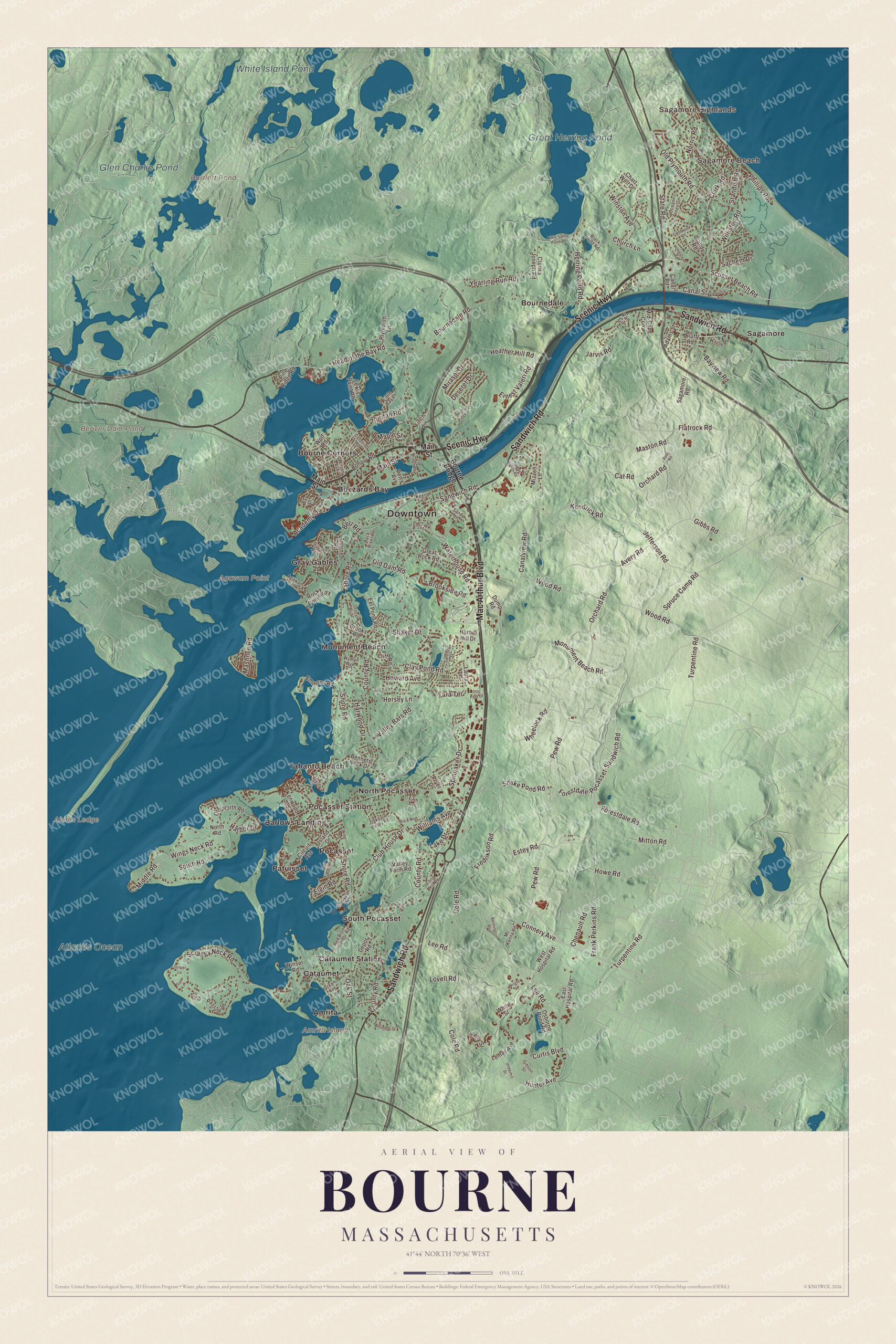 Map of Bourne, Massachusetts, with Scenic Highway, Sagamore Beach and Great Herring Pond