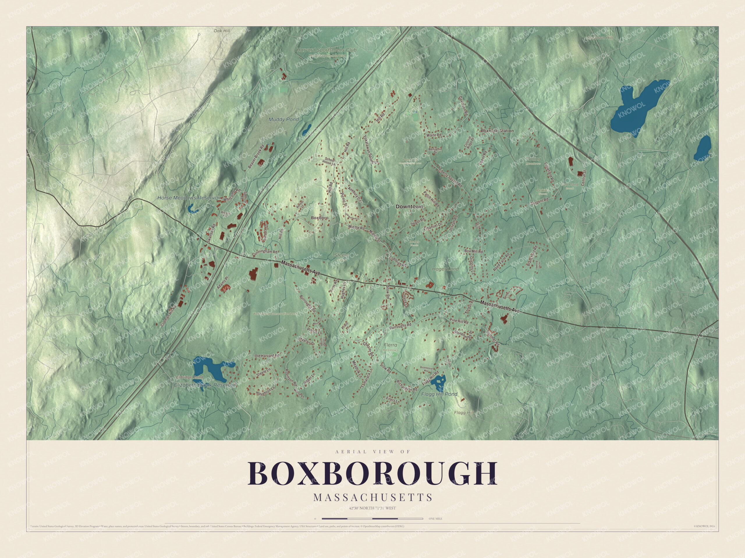 Map of Boxborough, Massachusetts, with Massachusetts Avenue, Hill Road and Flagg Hill