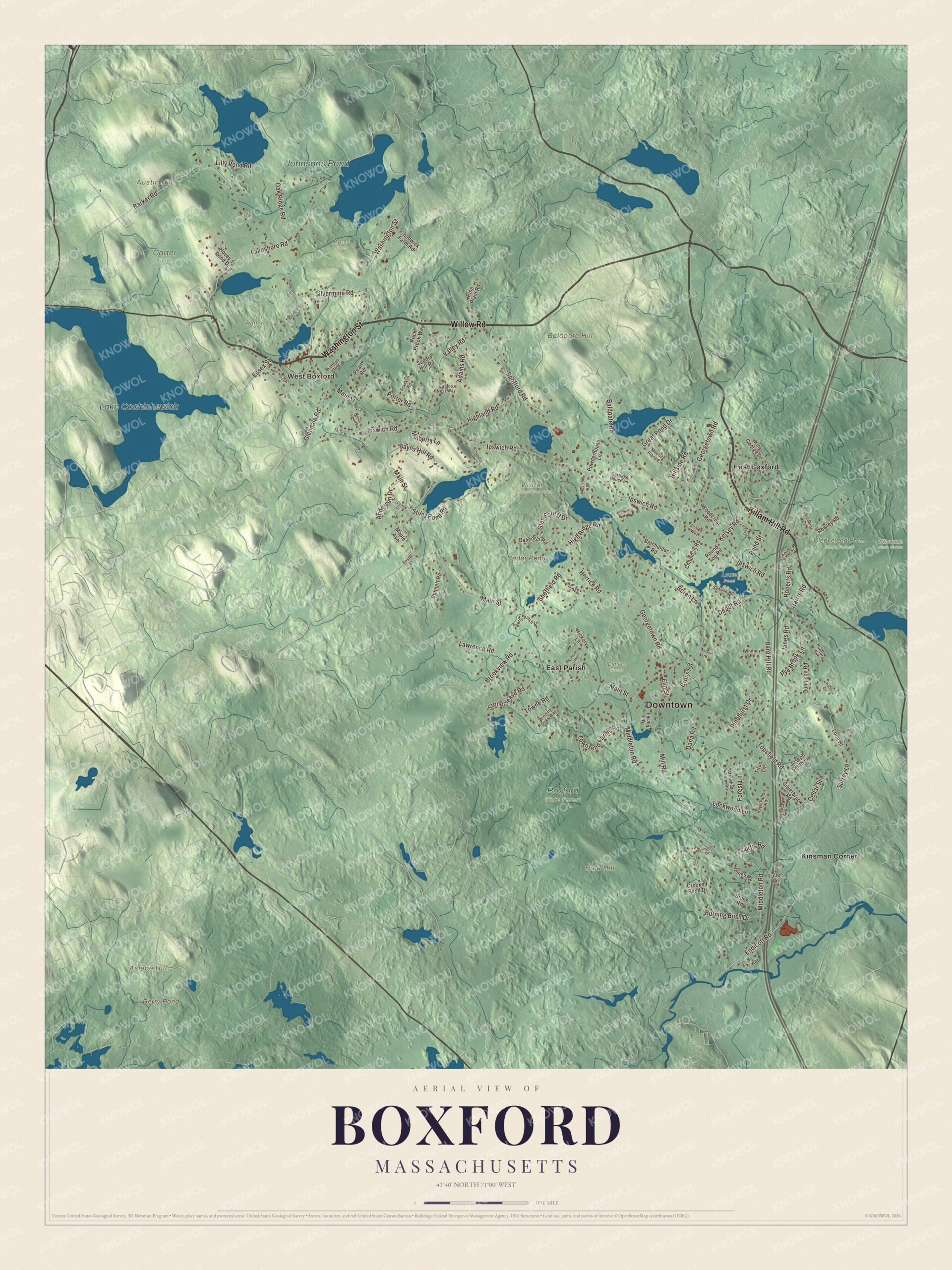 Map of Boxford, Massachusetts, with Washington Street, Ipswich Road and Middleton Road