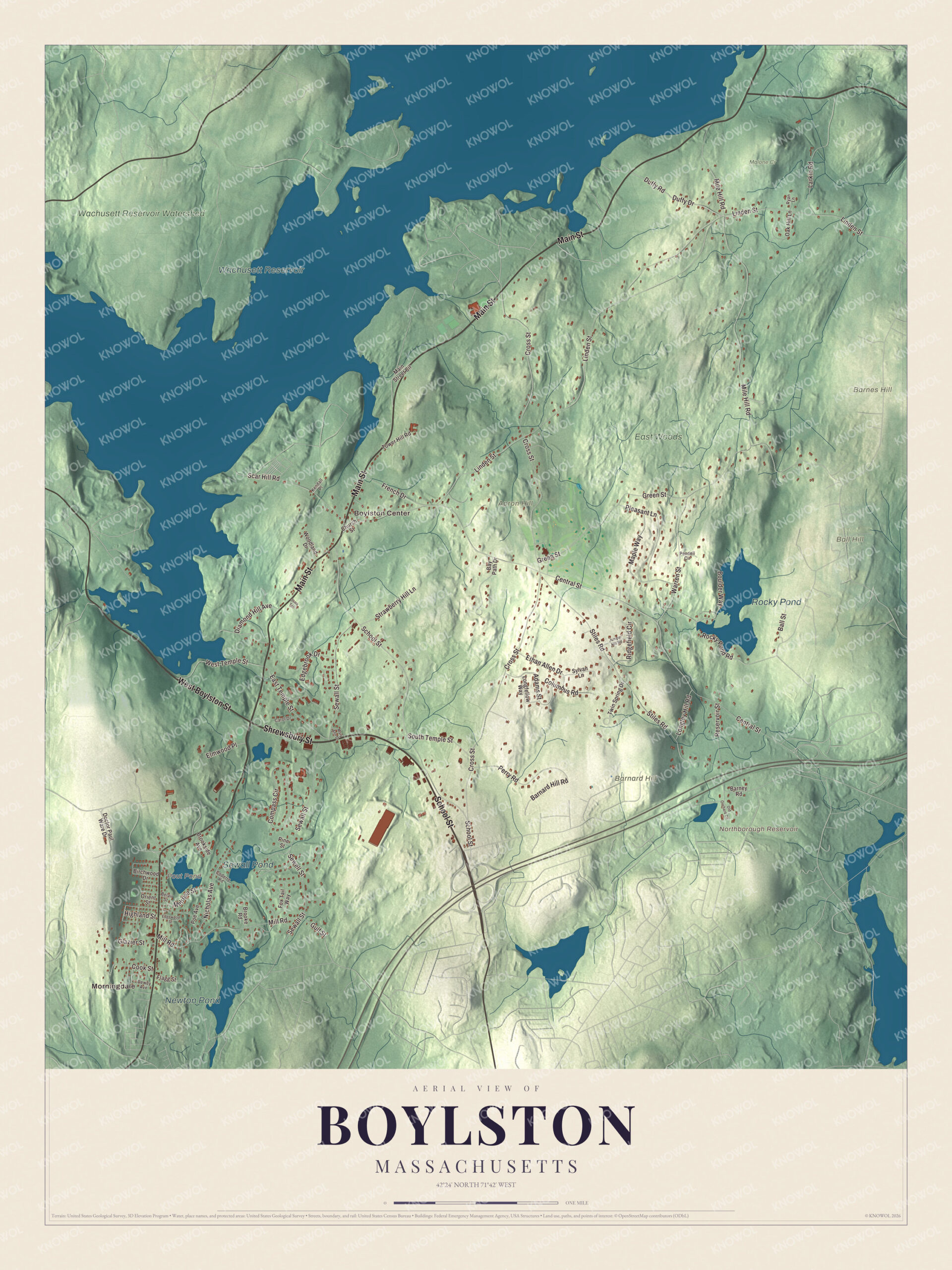 Map of Boylston, Massachusetts, with Main Street, Morningdale and the Wachusett Reservoir