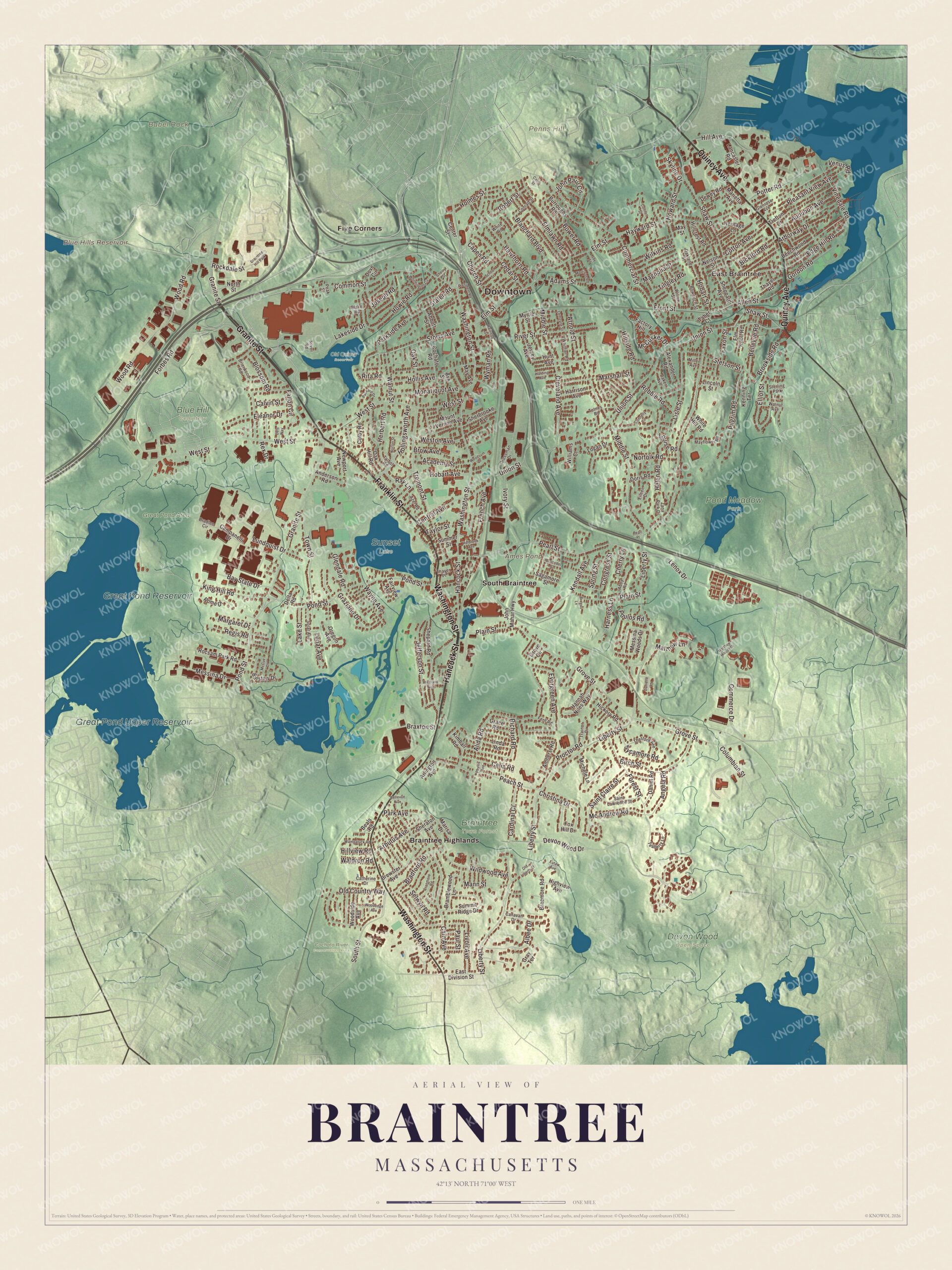 Map of Braintree, Massachusetts, with Washington Street, Franklin Street and Great Pond Reservoir