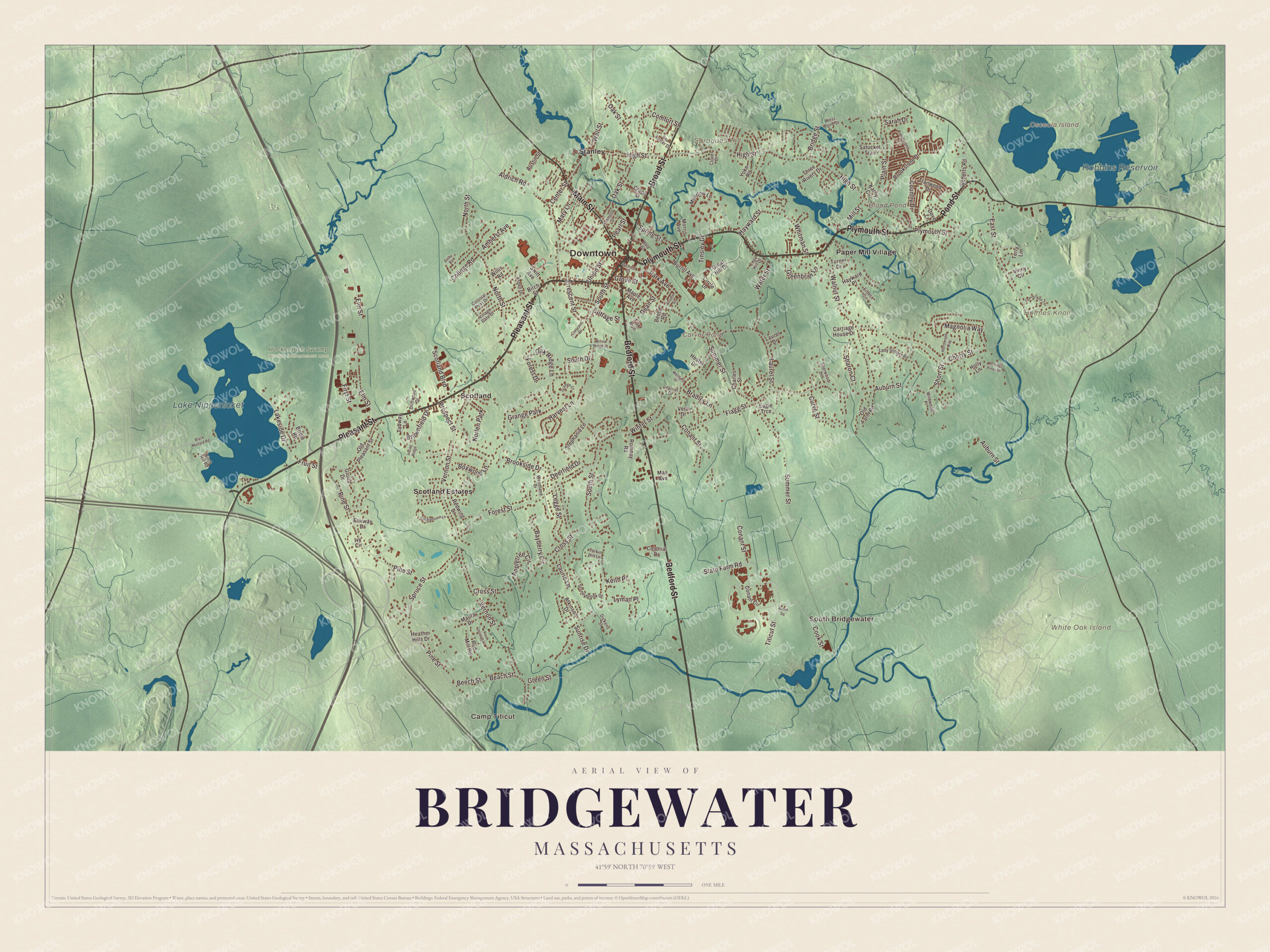 Map of Bridgewater, Massachusetts, with Main Street, Lake Nippenicket and South Bridgewater
