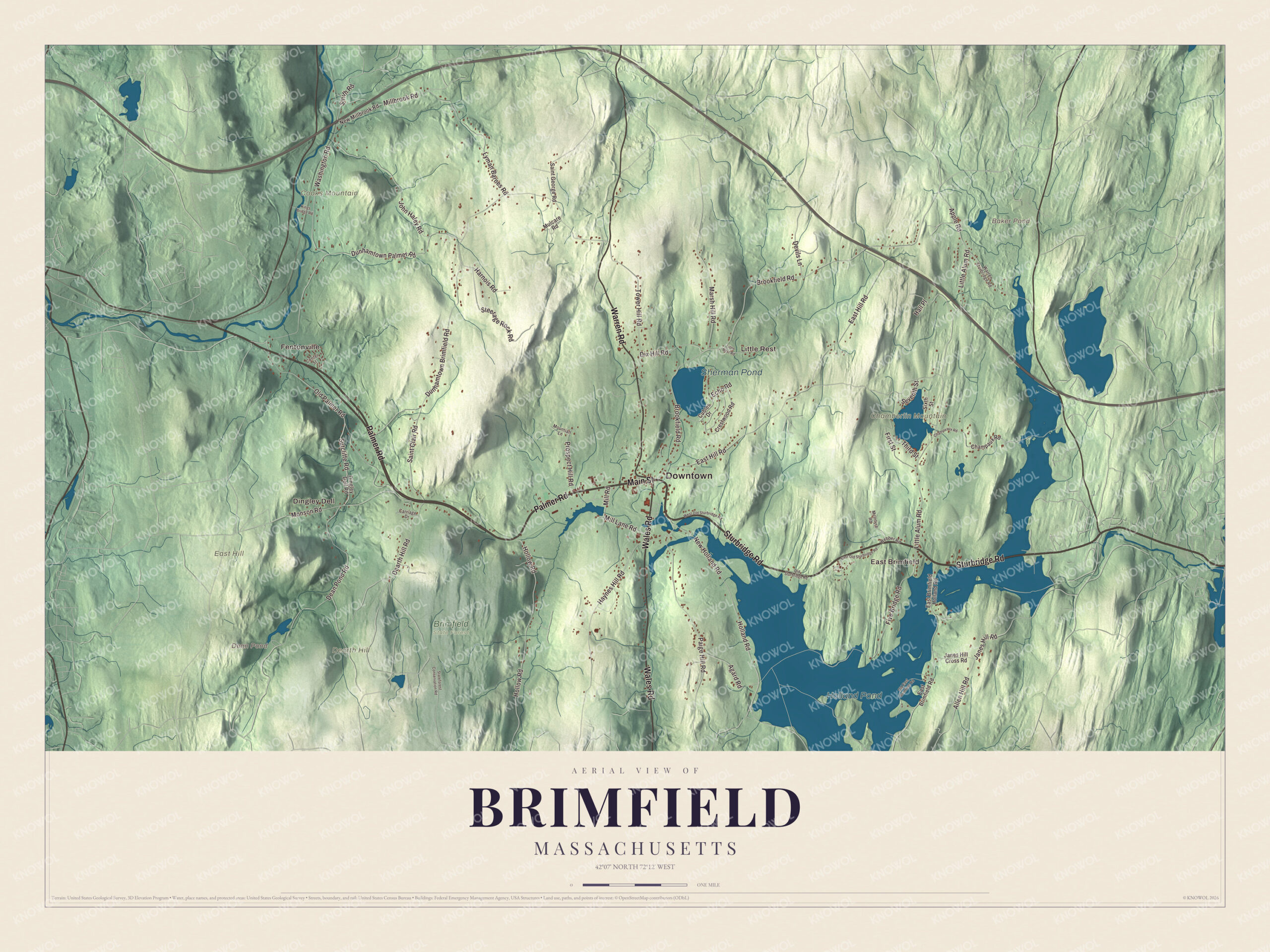 Map of Brimfield, Massachusetts, with Main Street, Warren Road and Dean Pond