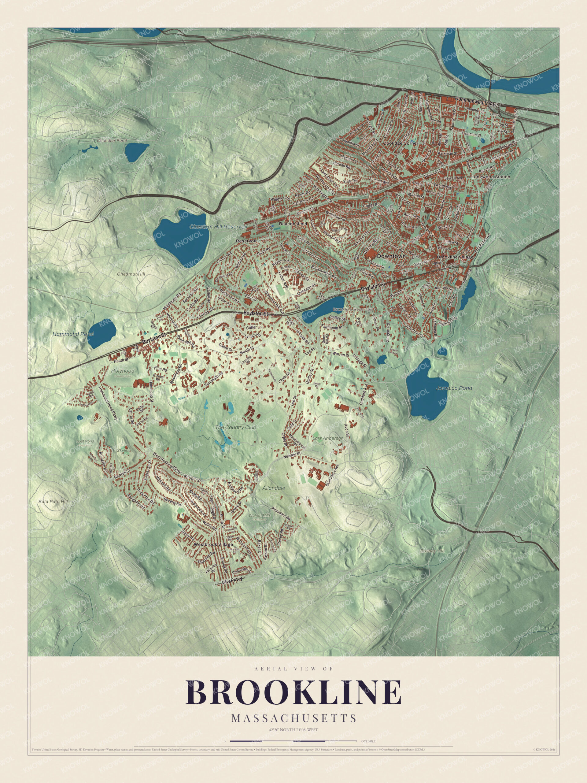 Map of Brookline, Massachusetts, with Boylston Street, Beacon Street and Brookline Village