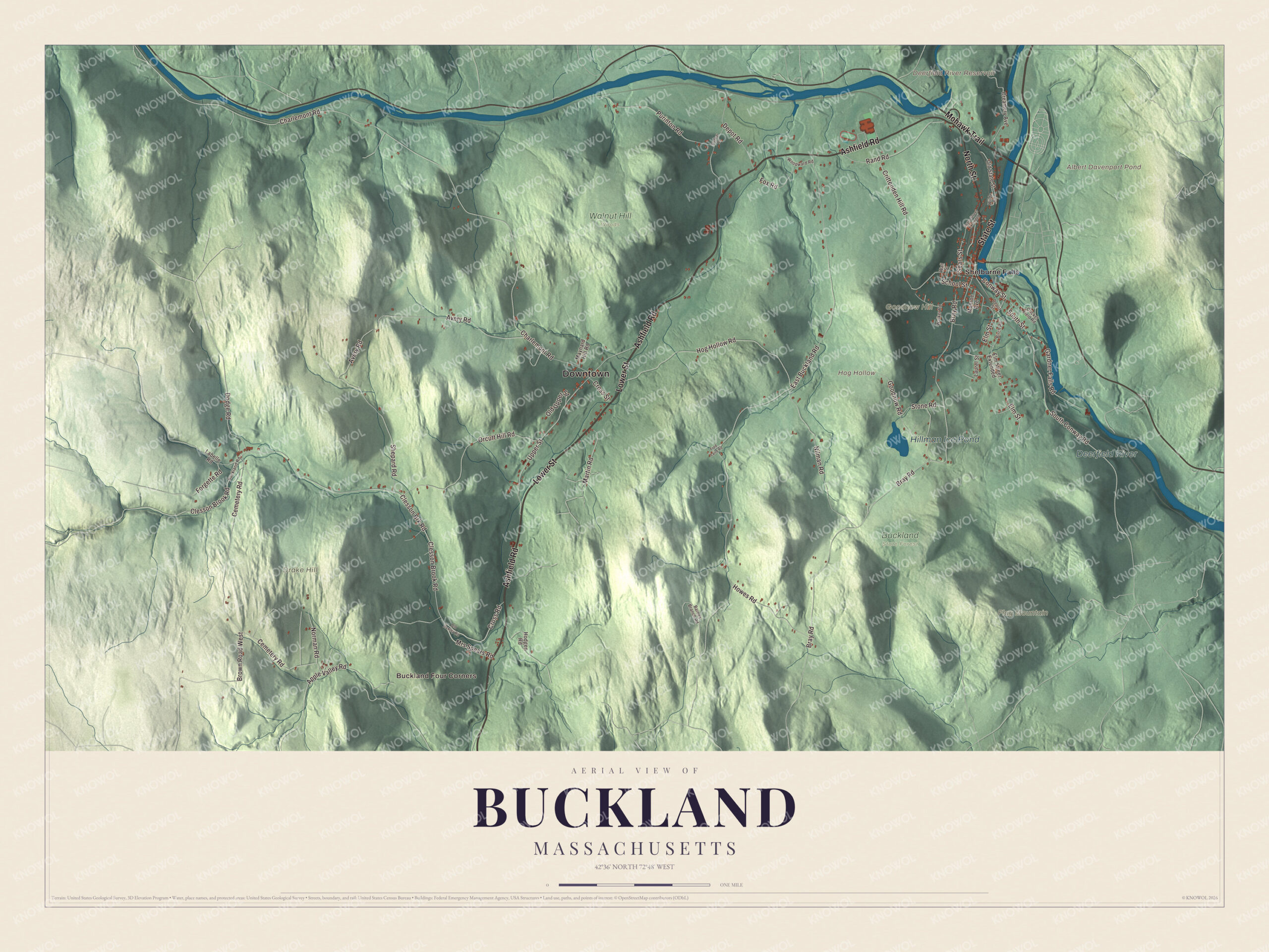 Map of Buckland, Massachusetts, with the Mohawk Trail, the Deerfield River and Shelburne Falls
