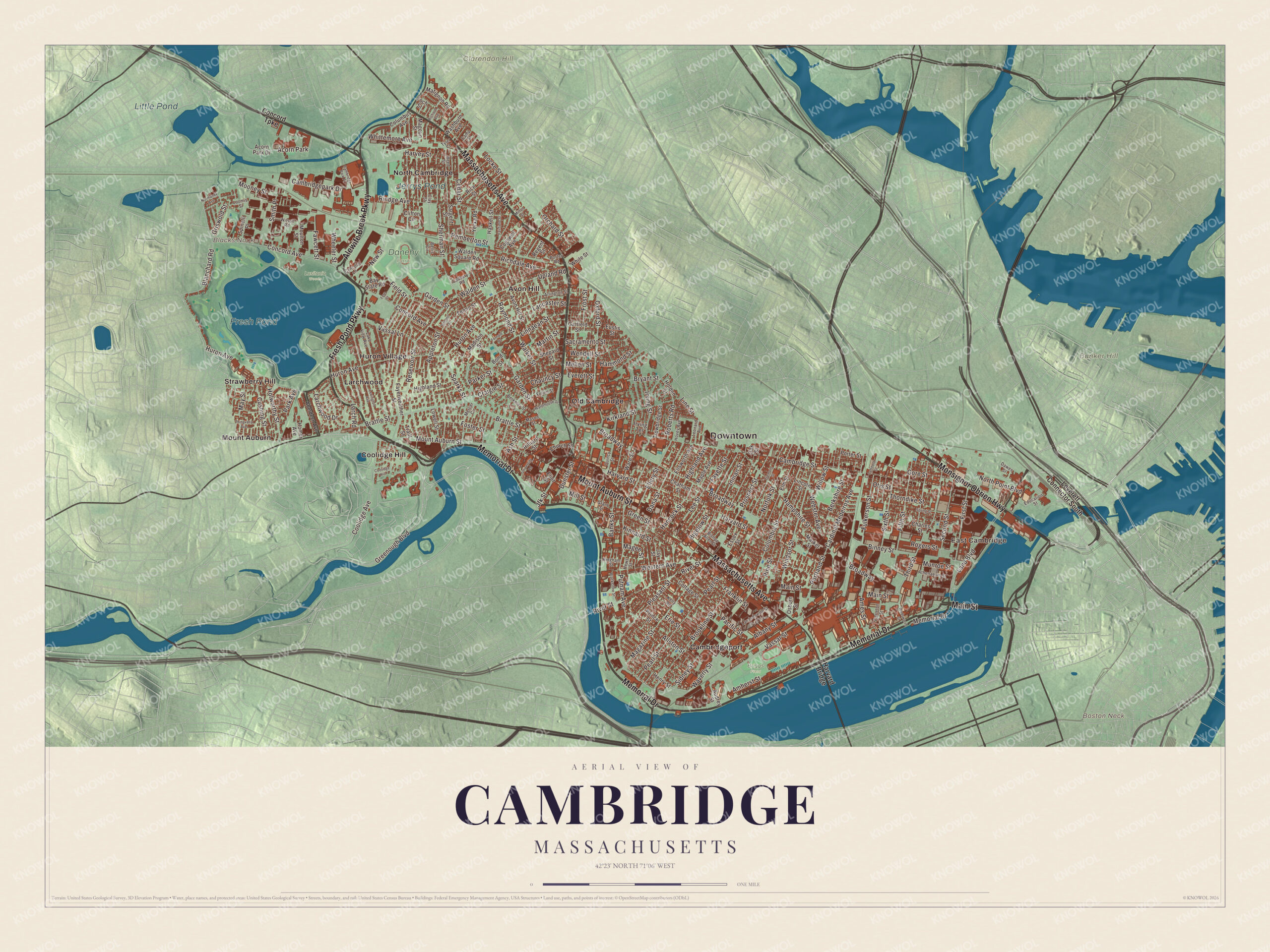 Map of Cambridge, Massachusetts, with Memorial Drive, Fresh Pond and the Charles River