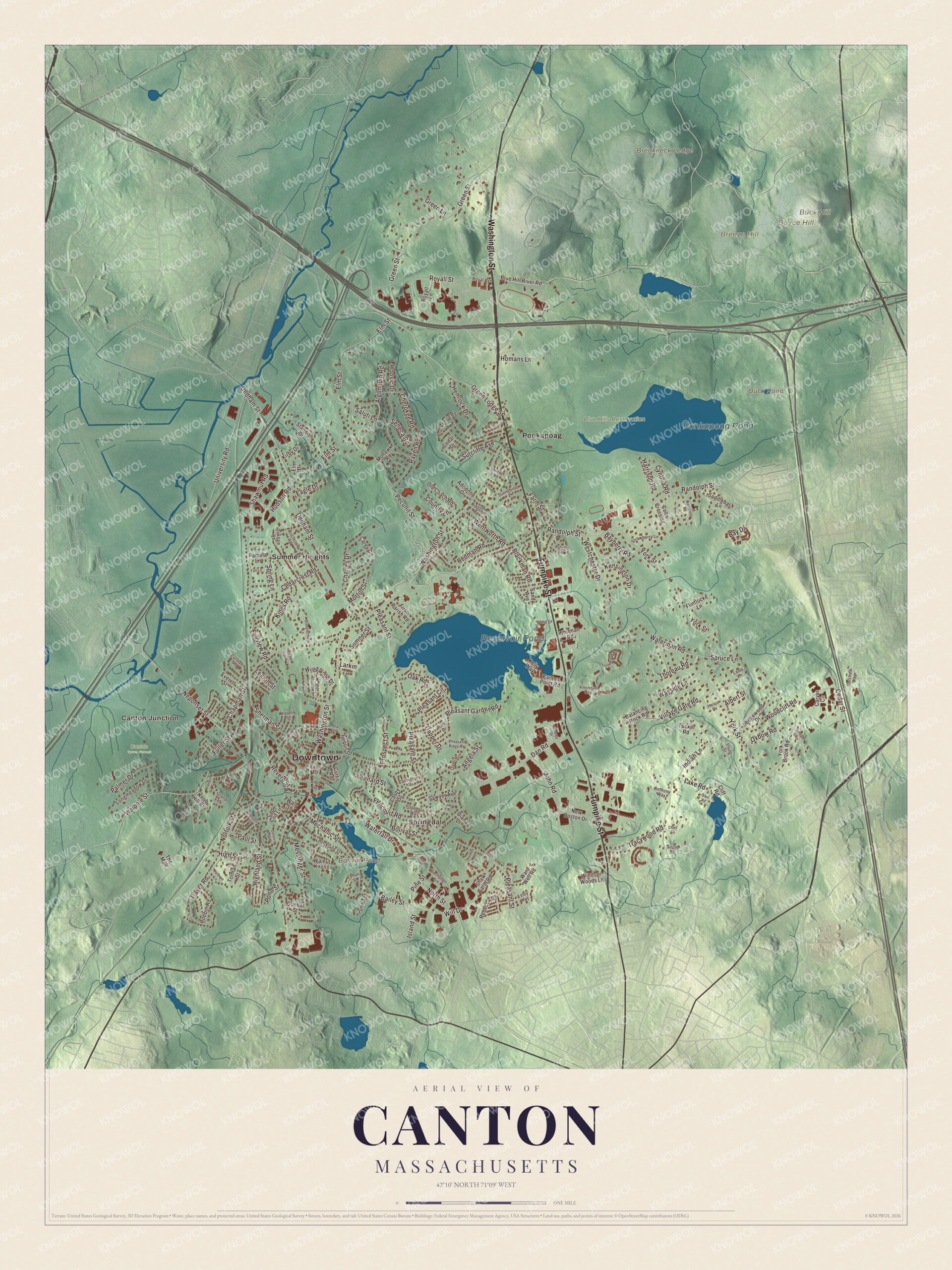 Map of Canton, Massachusetts, with Washington Street, Ponkapoag Pond and the Blue Hills Reservation