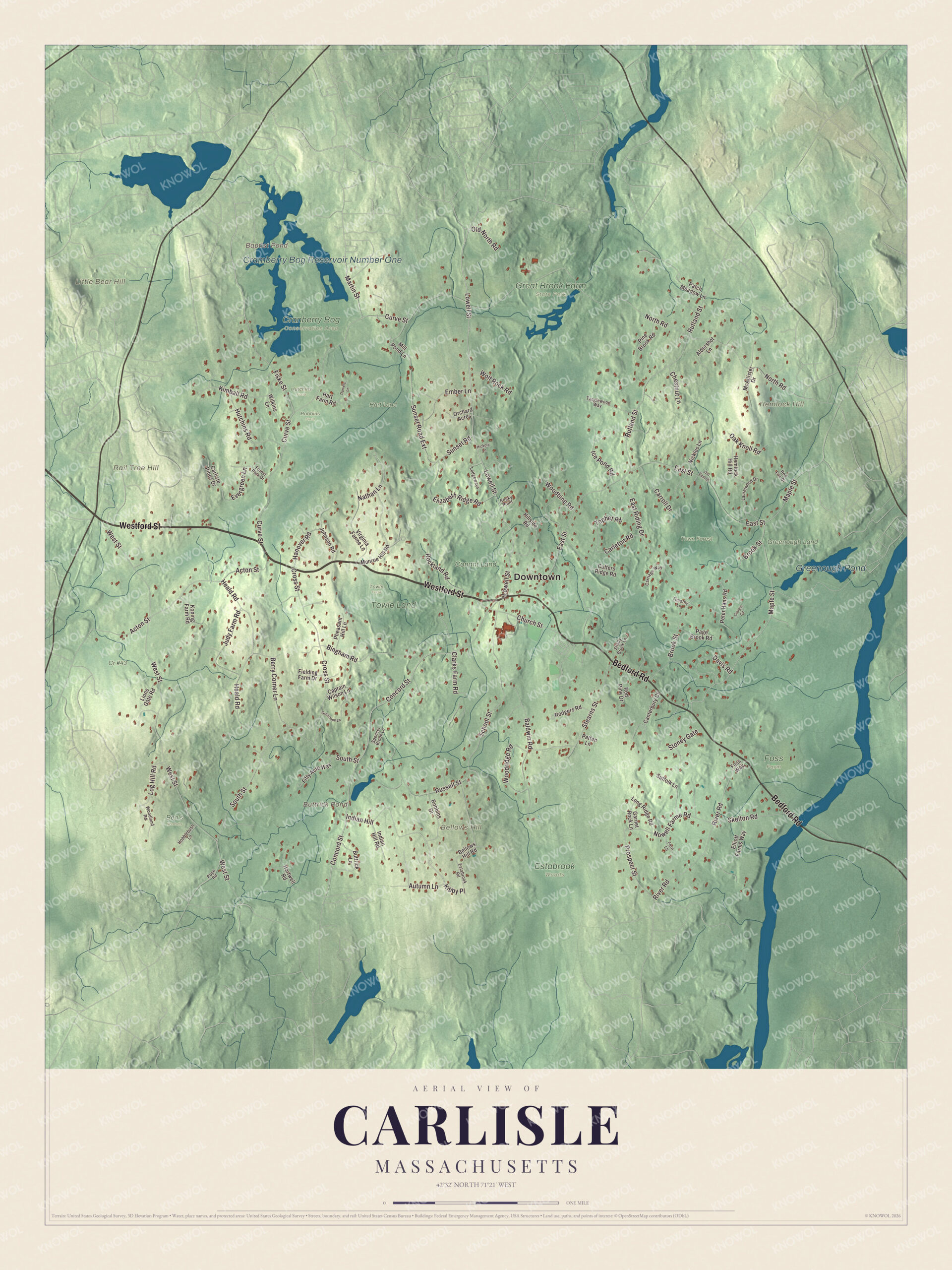 Map of Carlisle, Massachusetts, with Bedford Road, Westford Street and Greenough Pond