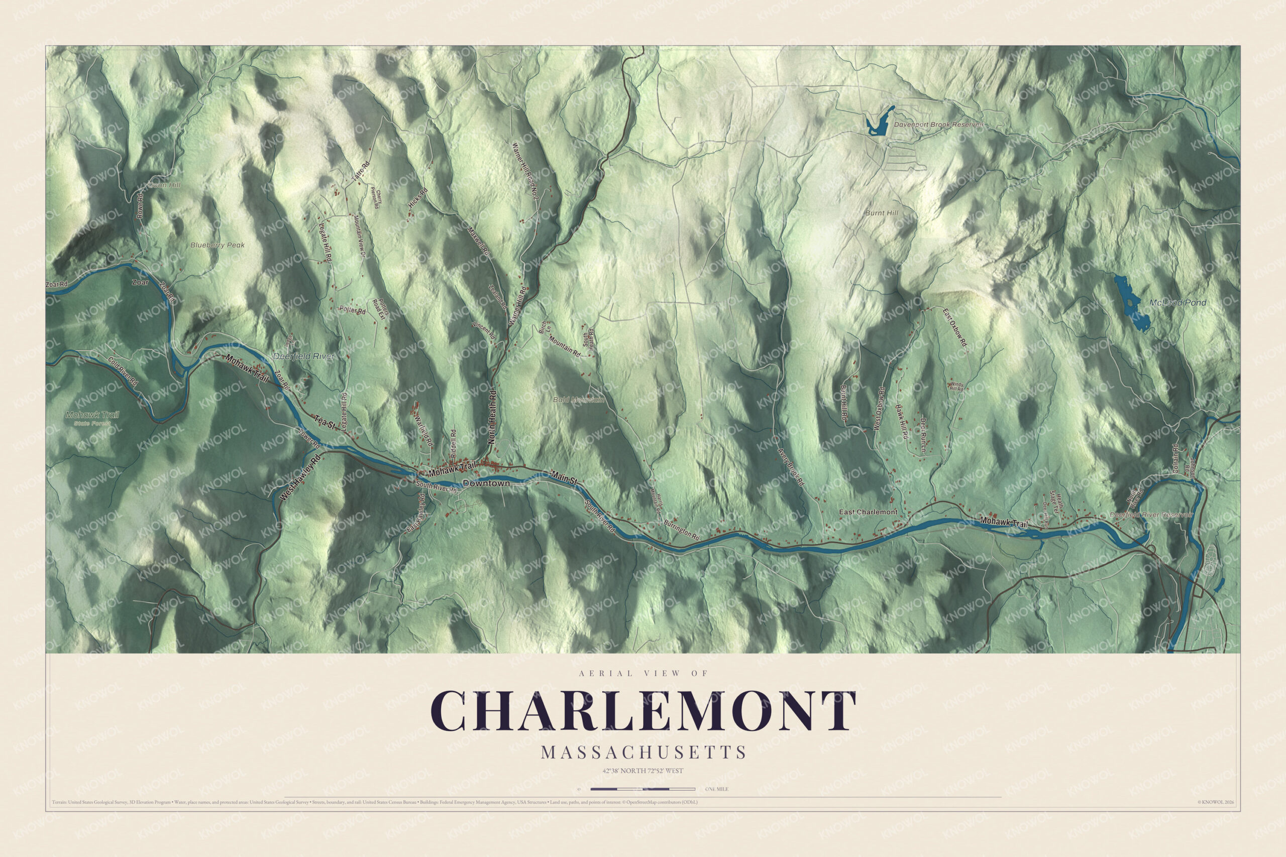Map of Charlemont, Massachusetts, with the Mohawk Trail, the Deerfield River and Bald Mountain