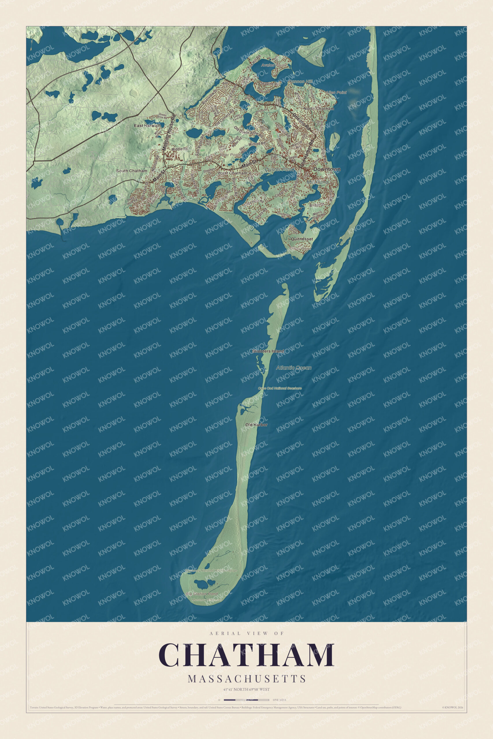 Map of Chatham, Massachusetts, with Main Street, Oyster Pond and Monomoy National Wildlife Refuge