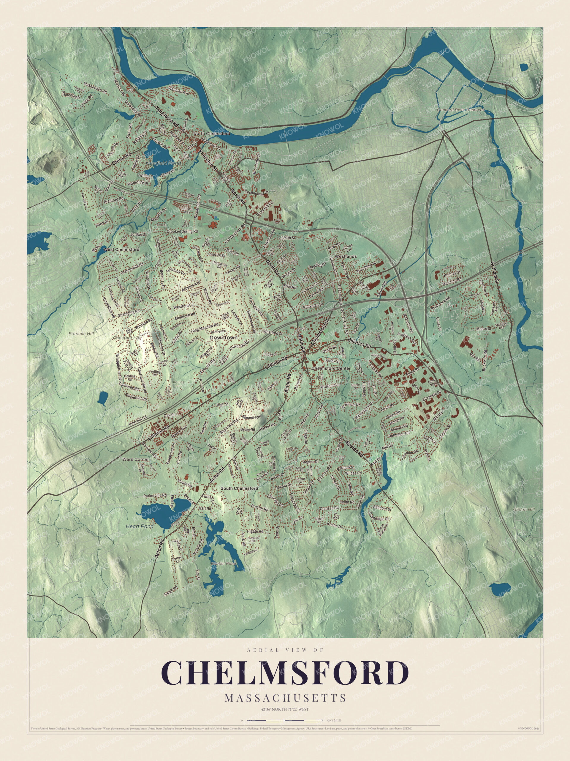 Map of Chelmsford, Massachusetts, with Boston Road, Littleton Road and Heart Pond