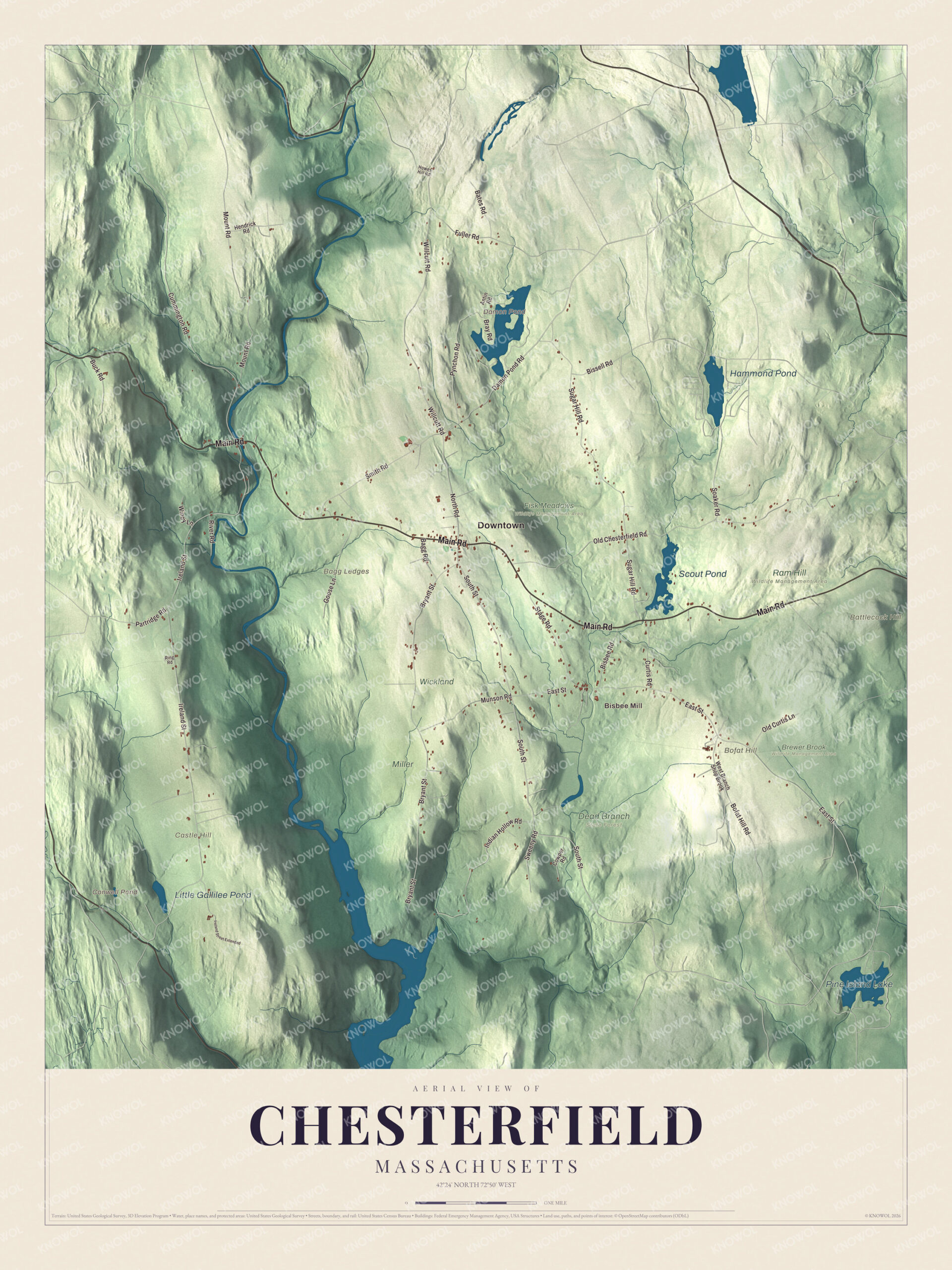Map of Chesterfield, Massachusetts, with Main Road, Damon Pond and Bisbee Mill