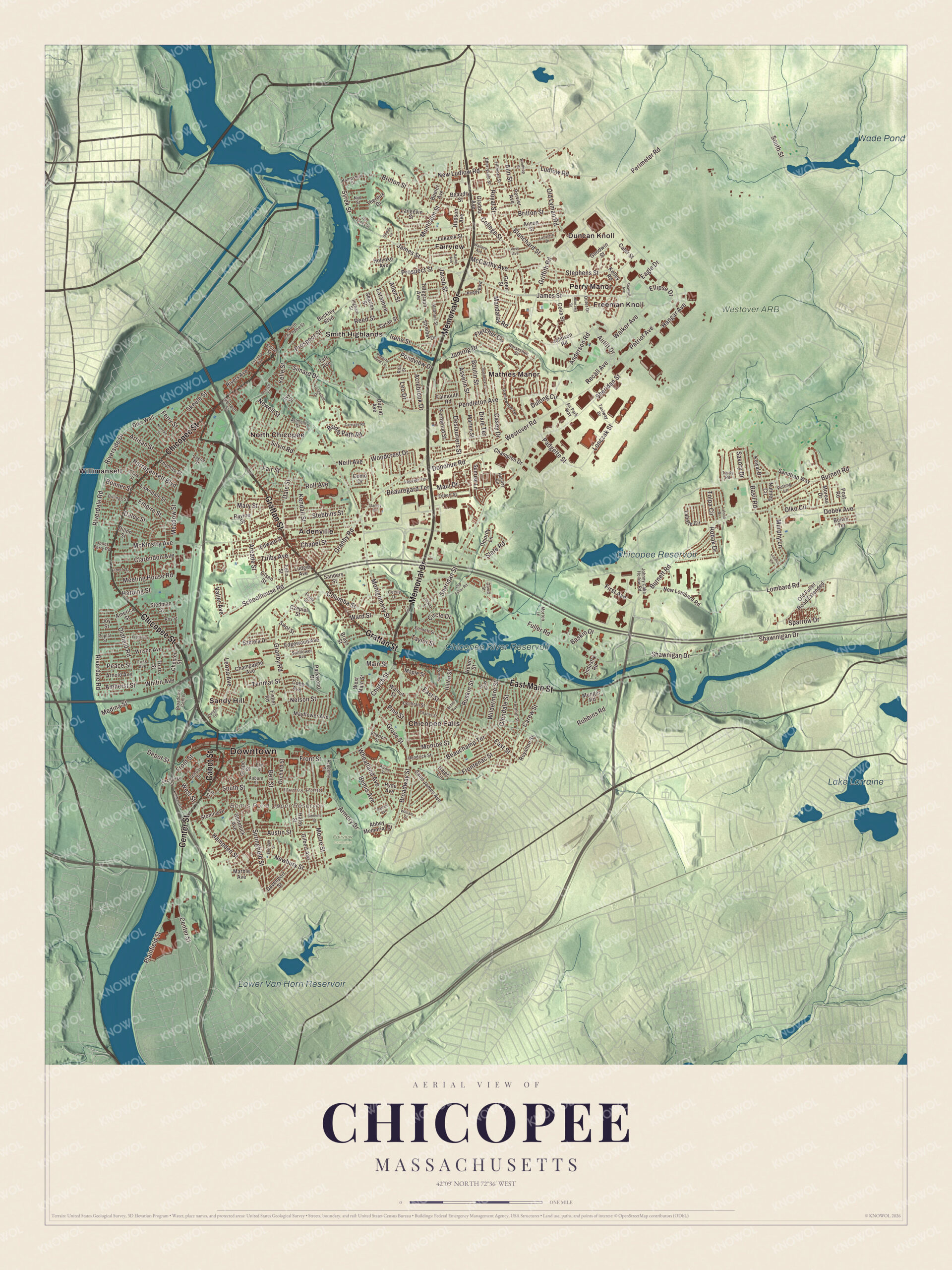 Map of Chicopee, Massachusetts, with Memorial Drive, Chicopee Falls and Bemis Pond