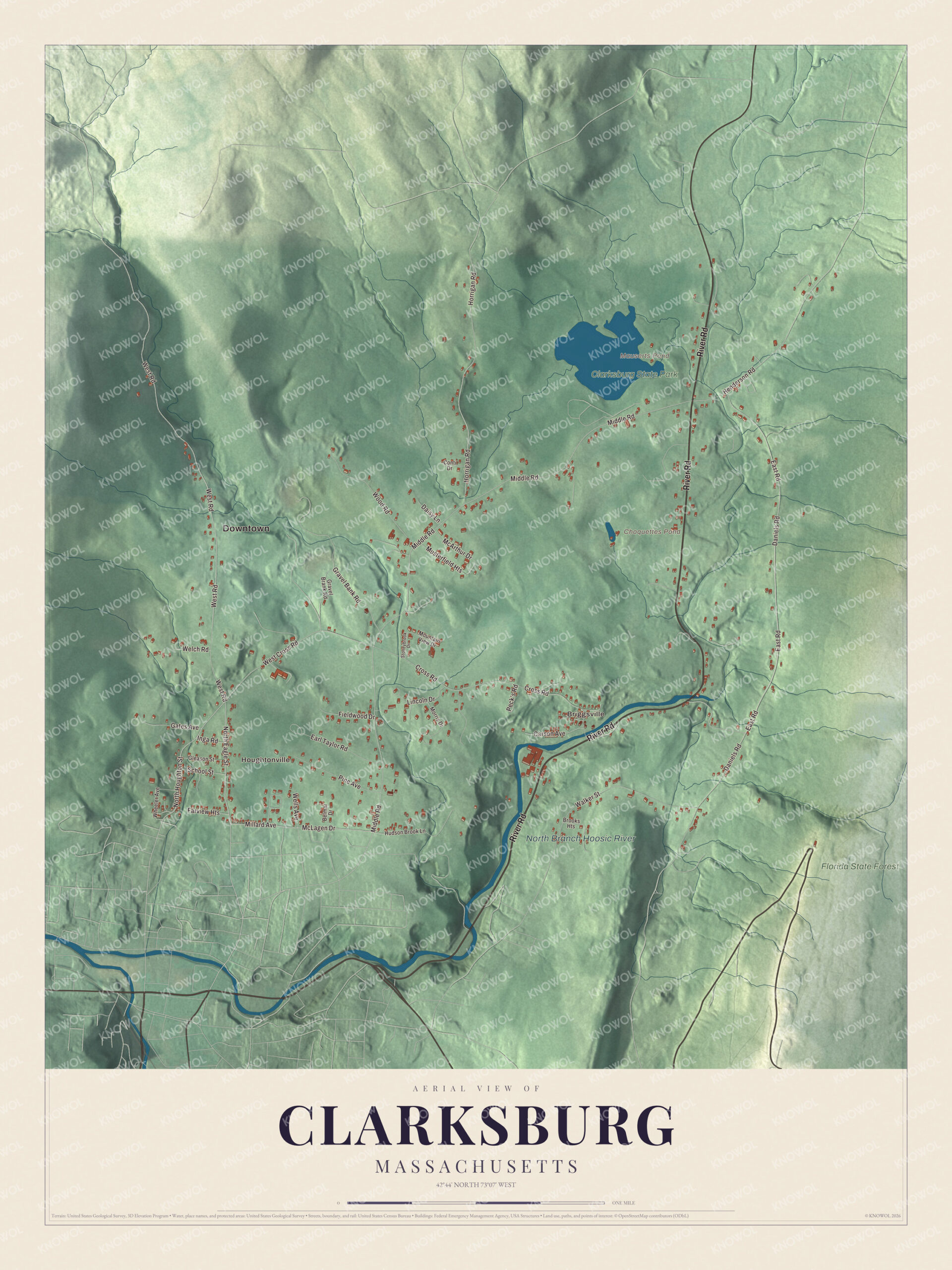 Map of Clarksburg, Massachusetts, with River Road, Mauserts Pond and the North Branch Hoosic River