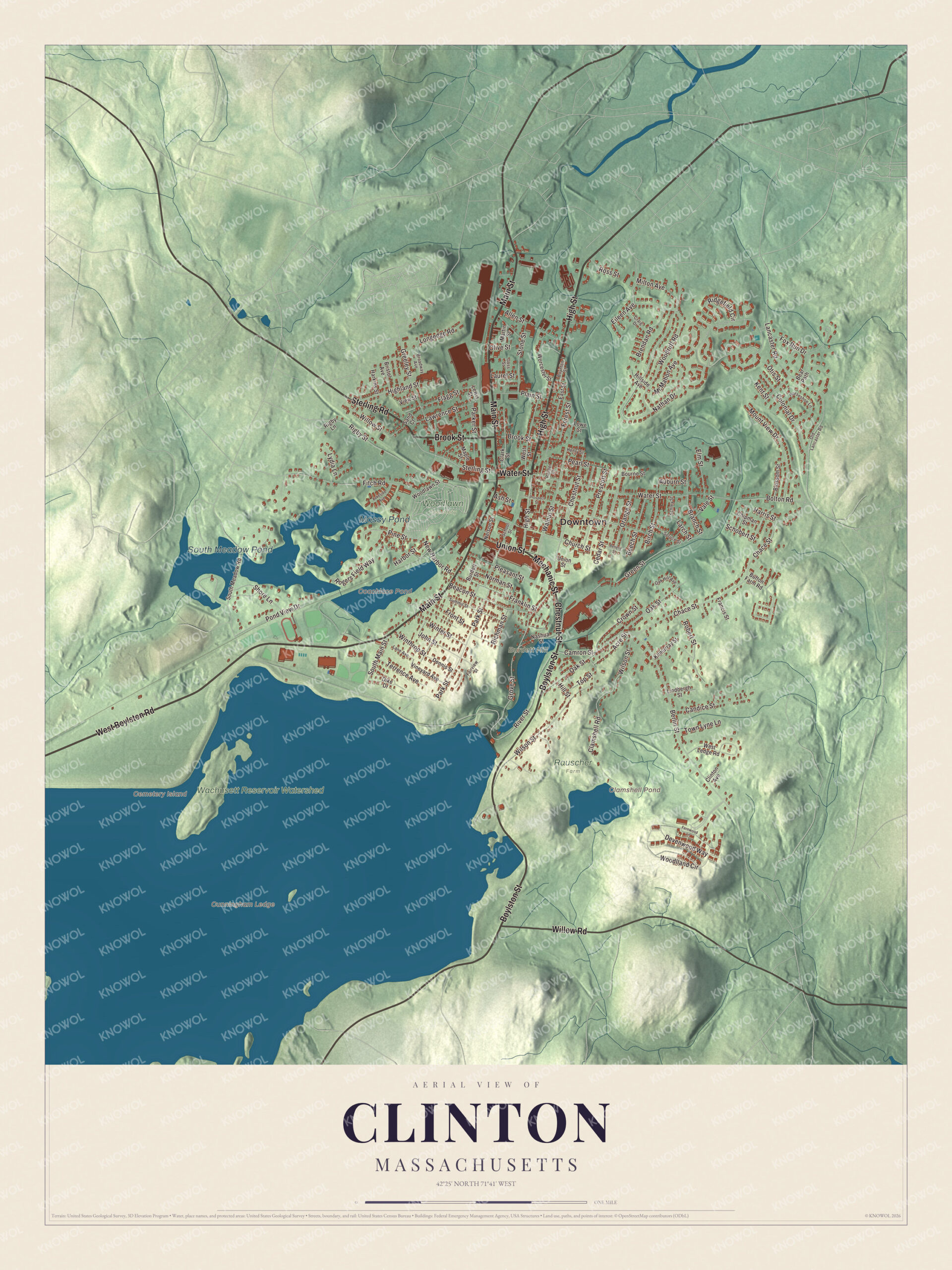 Map of Clinton, Massachusetts, with Main Street, the Wachusett Reservoir and South Meadow Pond