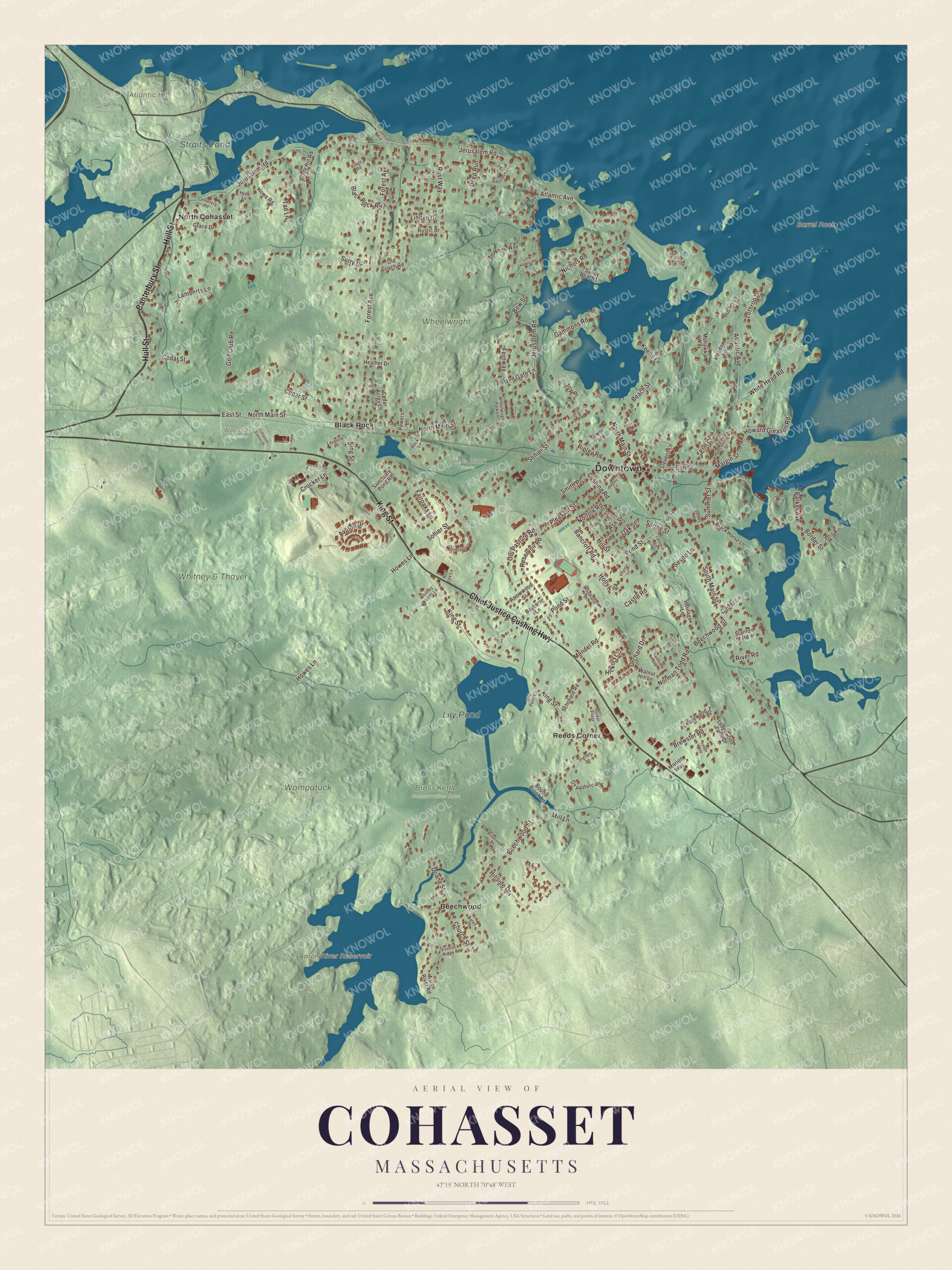 Map of Cohasset, Massachusetts, with North Main Street, Straits Pond and Atlantic Hill