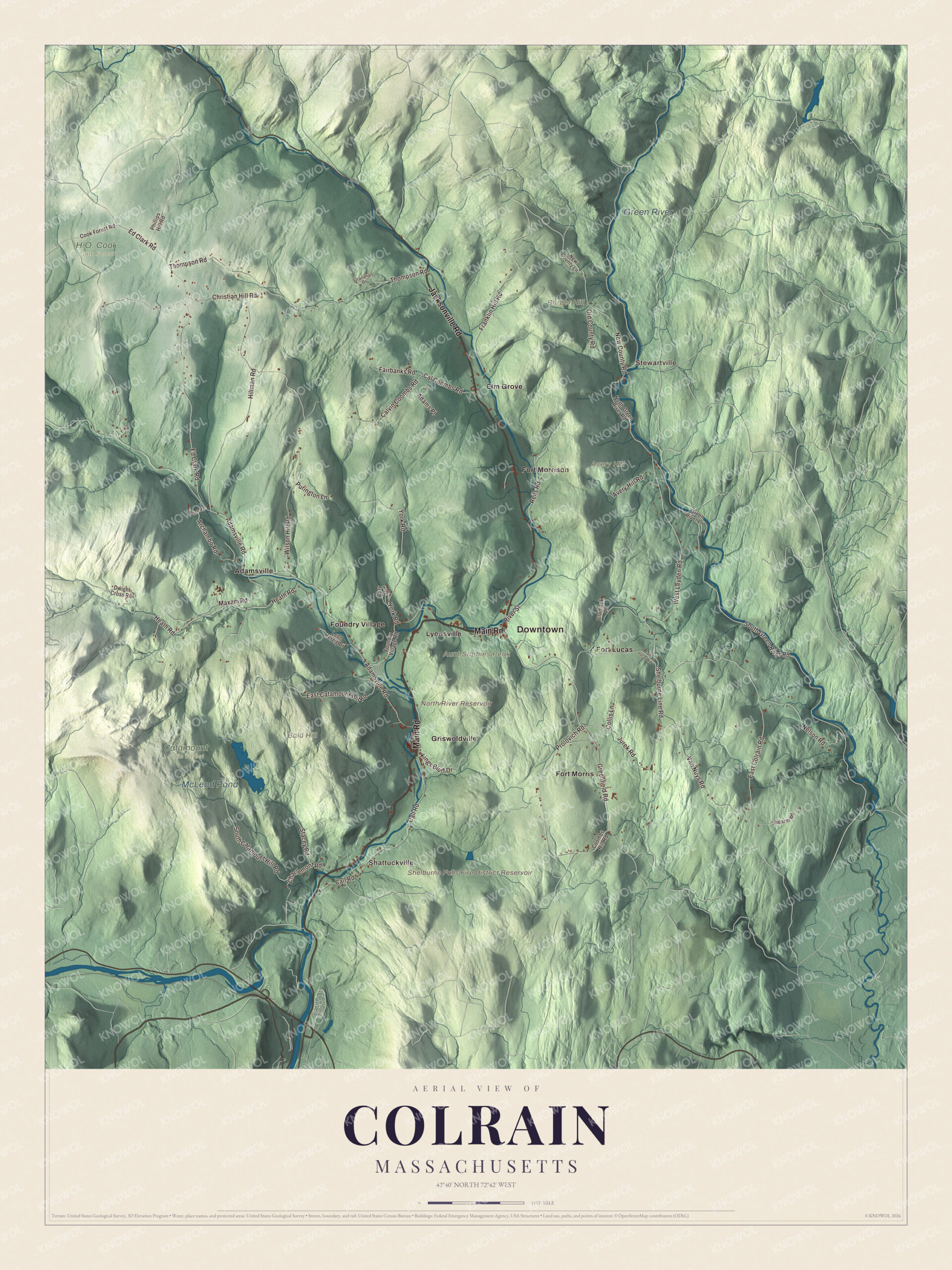 Map of Colrain, Massachusetts, with Main Road, the Green River and McLeod Pond
