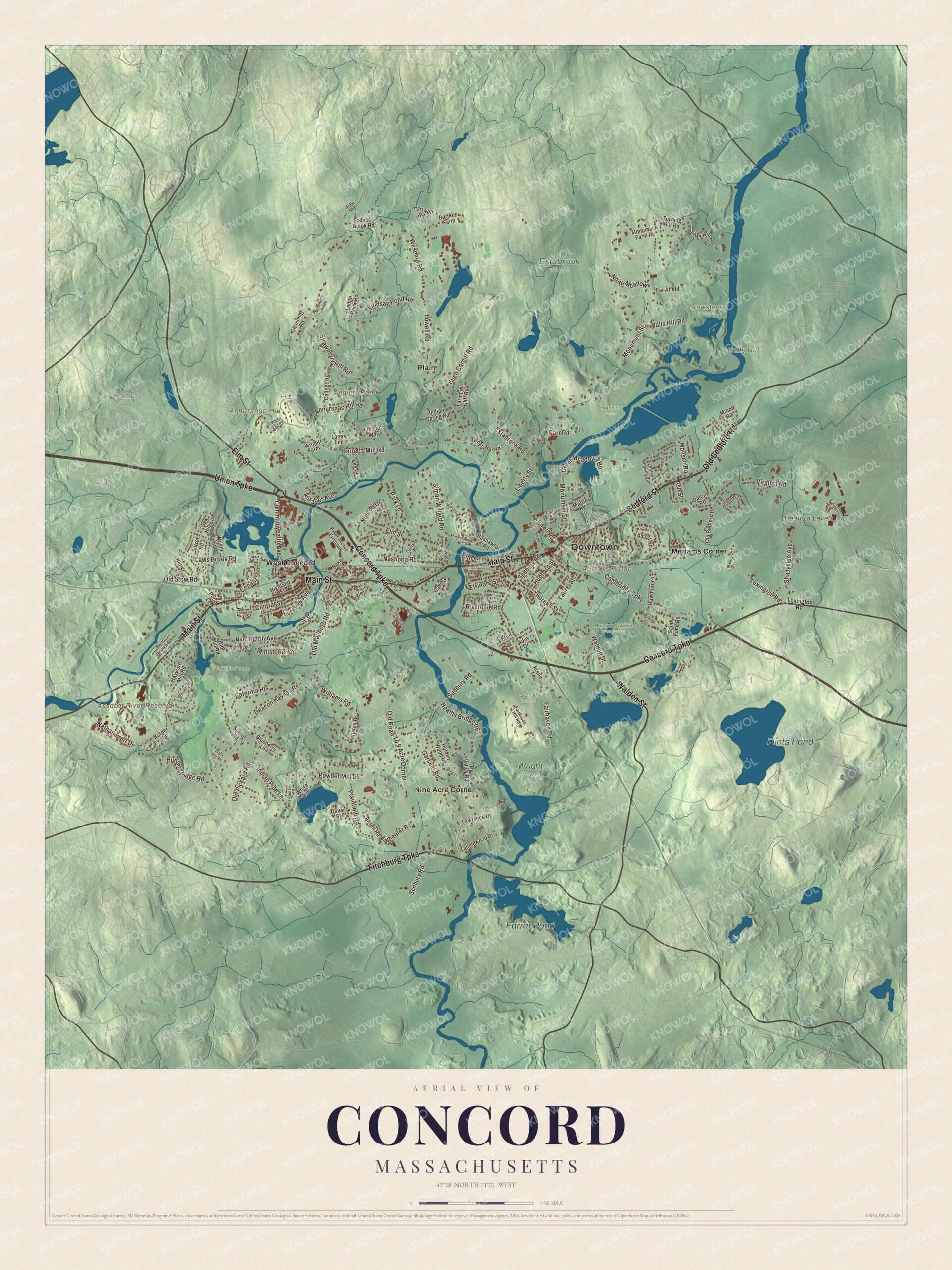 Map of Concord, Massachusetts, with Main Street, Authors Ridge and Annursnac Hill