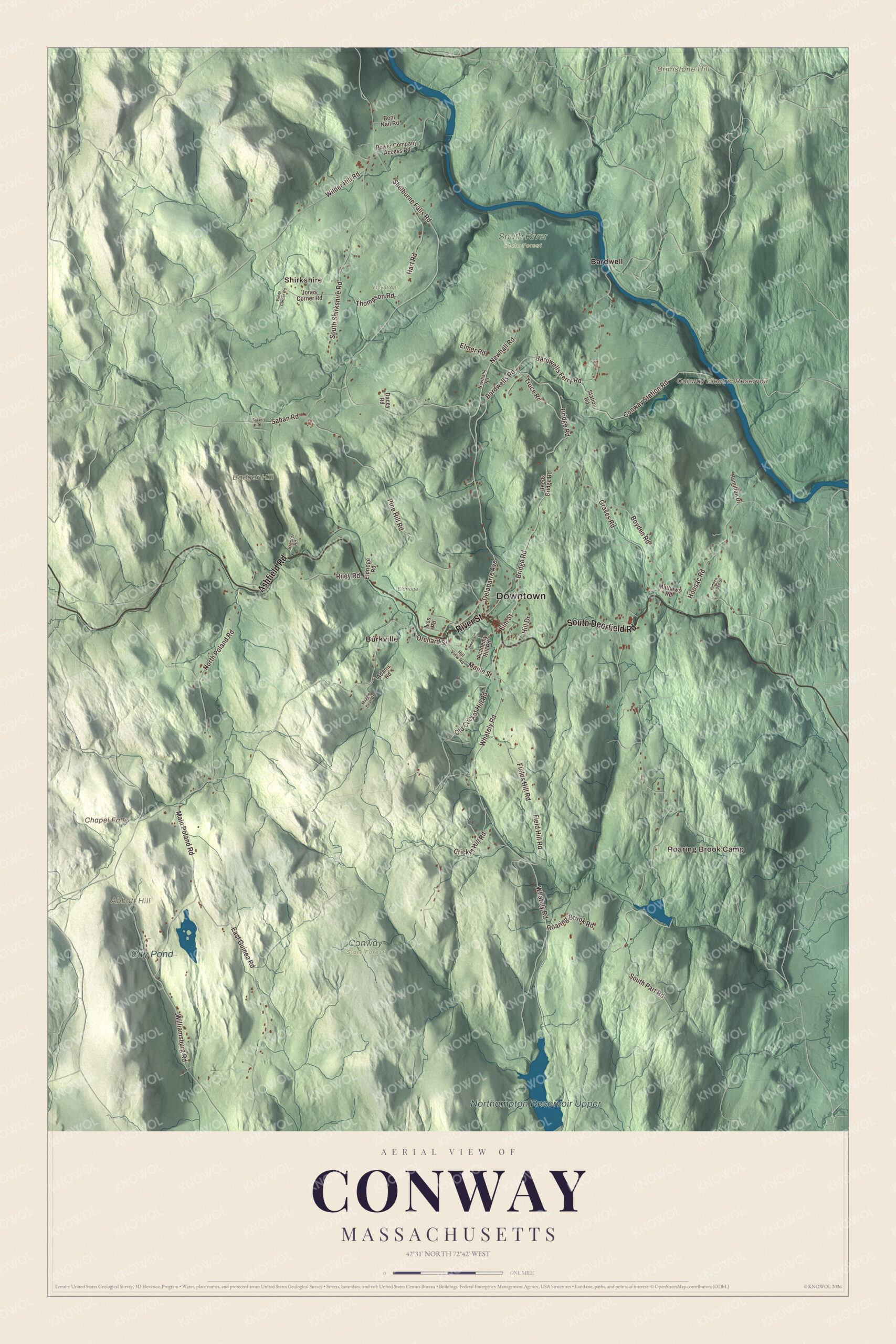 Map of Conway, Massachusetts, with Ashfield Road, River Street and the Conway Electric Reservoir