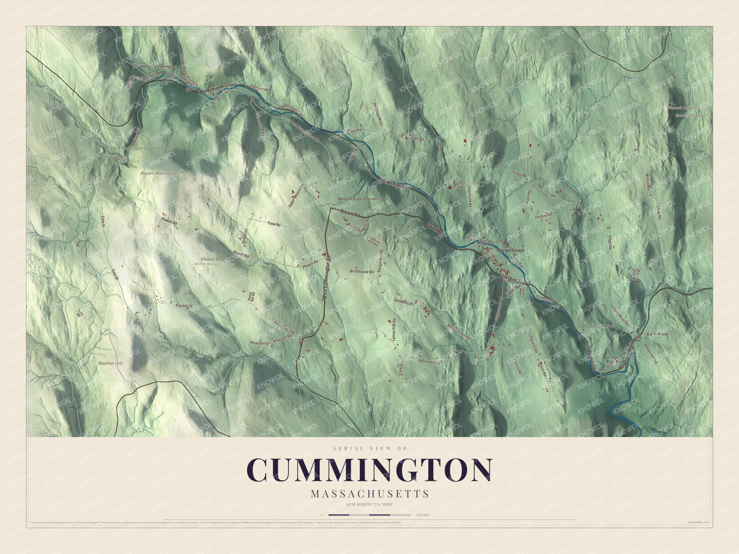 Map of Cummington, Massachusetts, with the Berkshire Trail, Bryant Road and the Westfield River