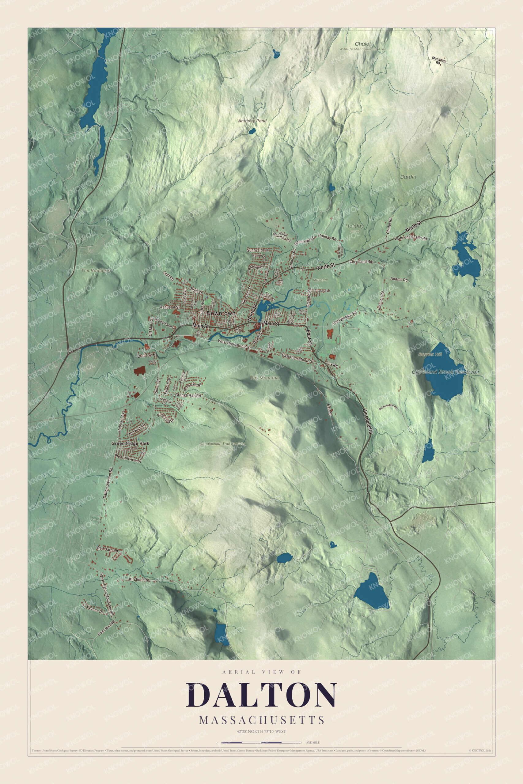 Map of Dalton, Massachusetts, with Main Street, the Appalachian Trail Corridor and Day Mountain