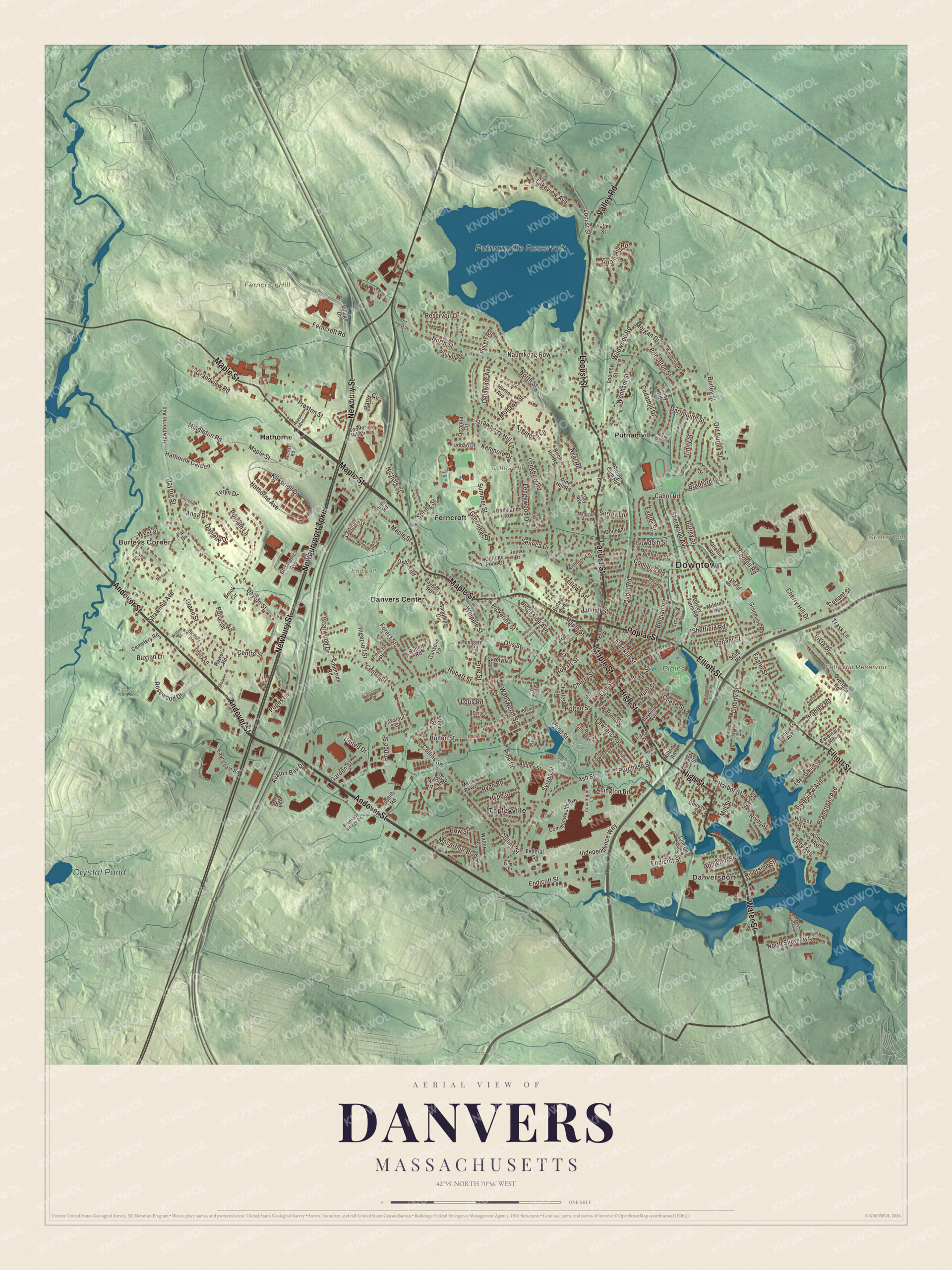 Map of Danvers, Massachusetts, with Maple Street, the Putnamville Reservoir and Danversport