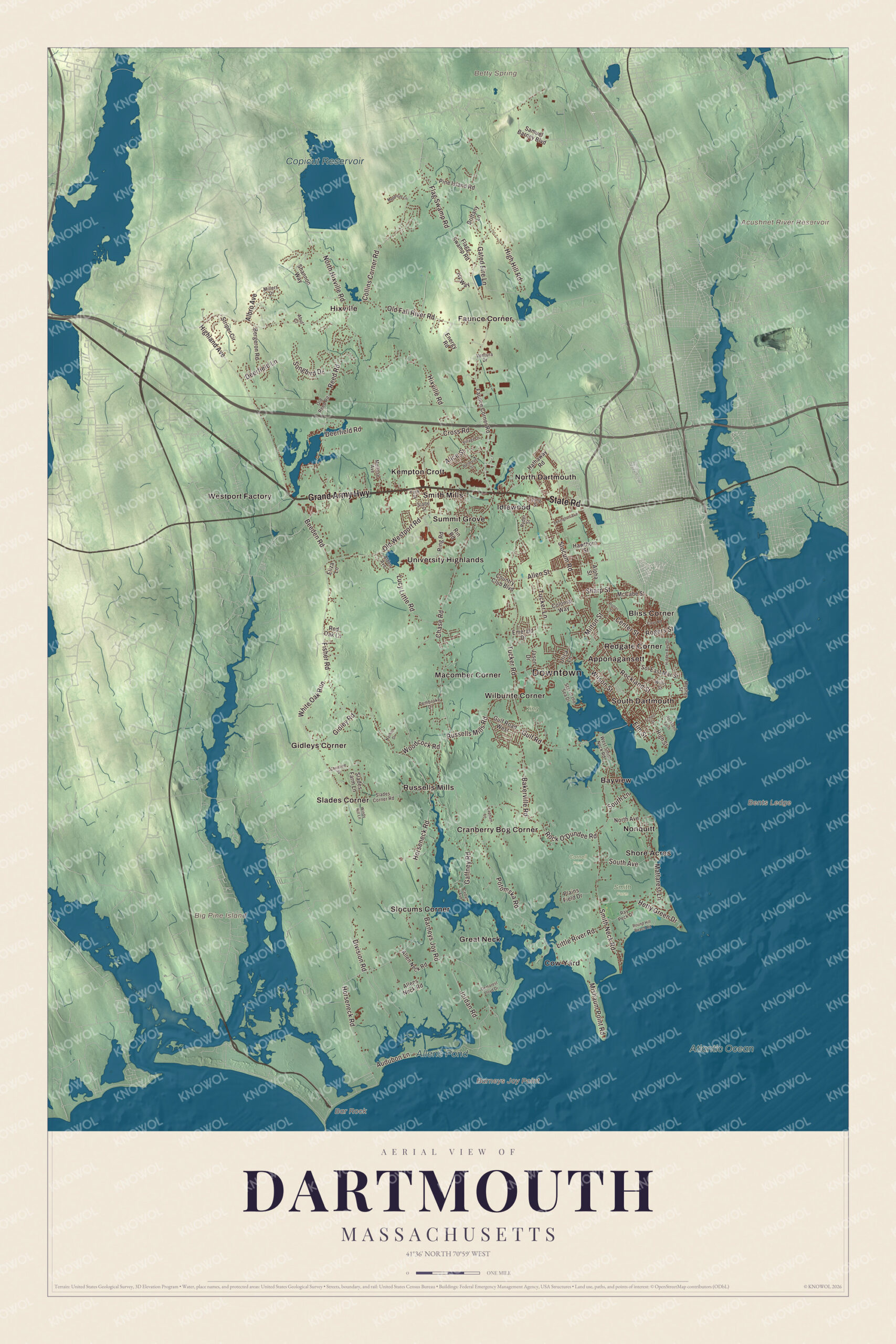 Map of Dartmouth, Massachusetts, with State Road, Russells Mills Road and Allens Pond