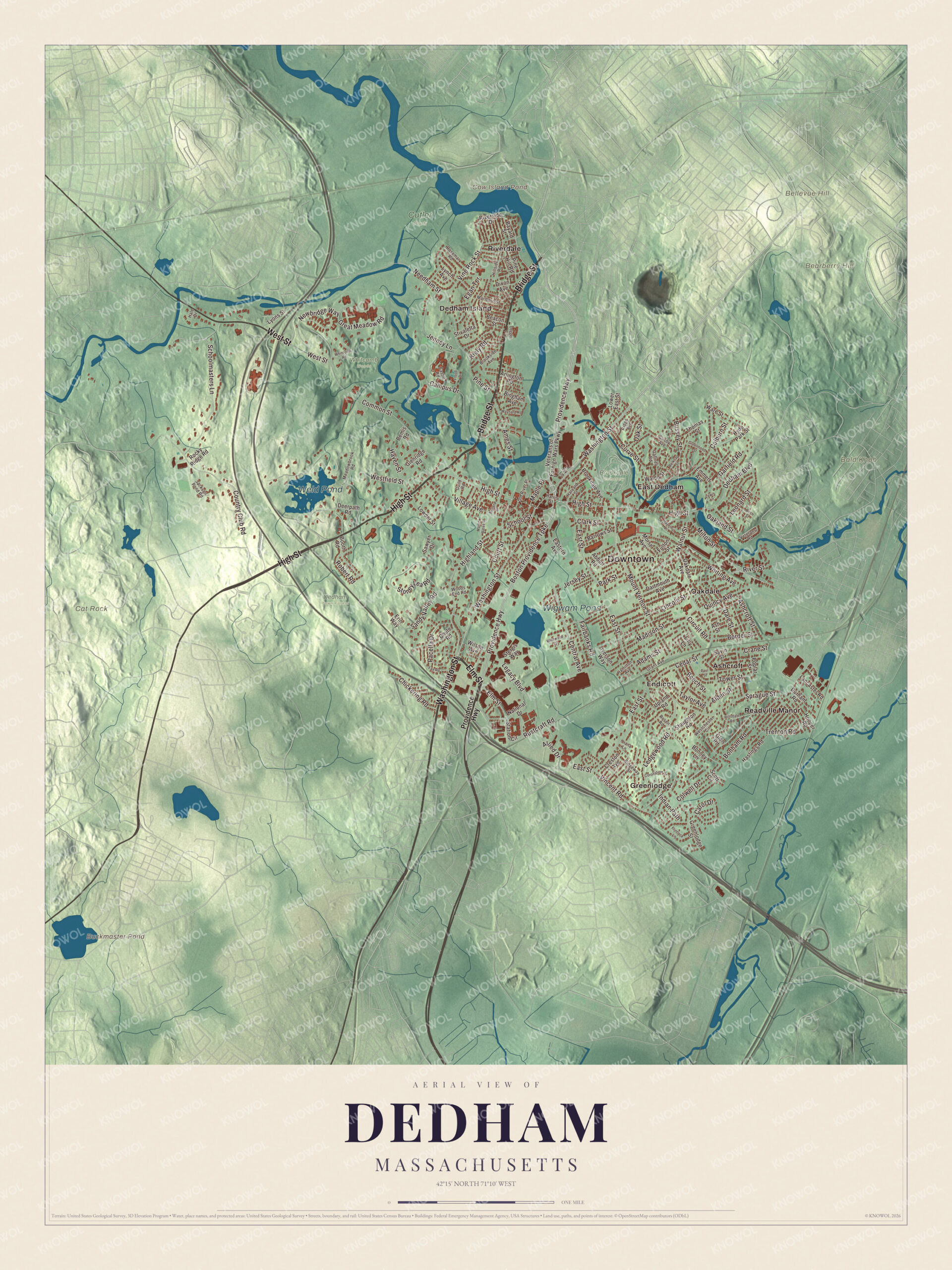 Map of Dedham, Massachusetts, with High Street, Washington Street and Wigwam Pond