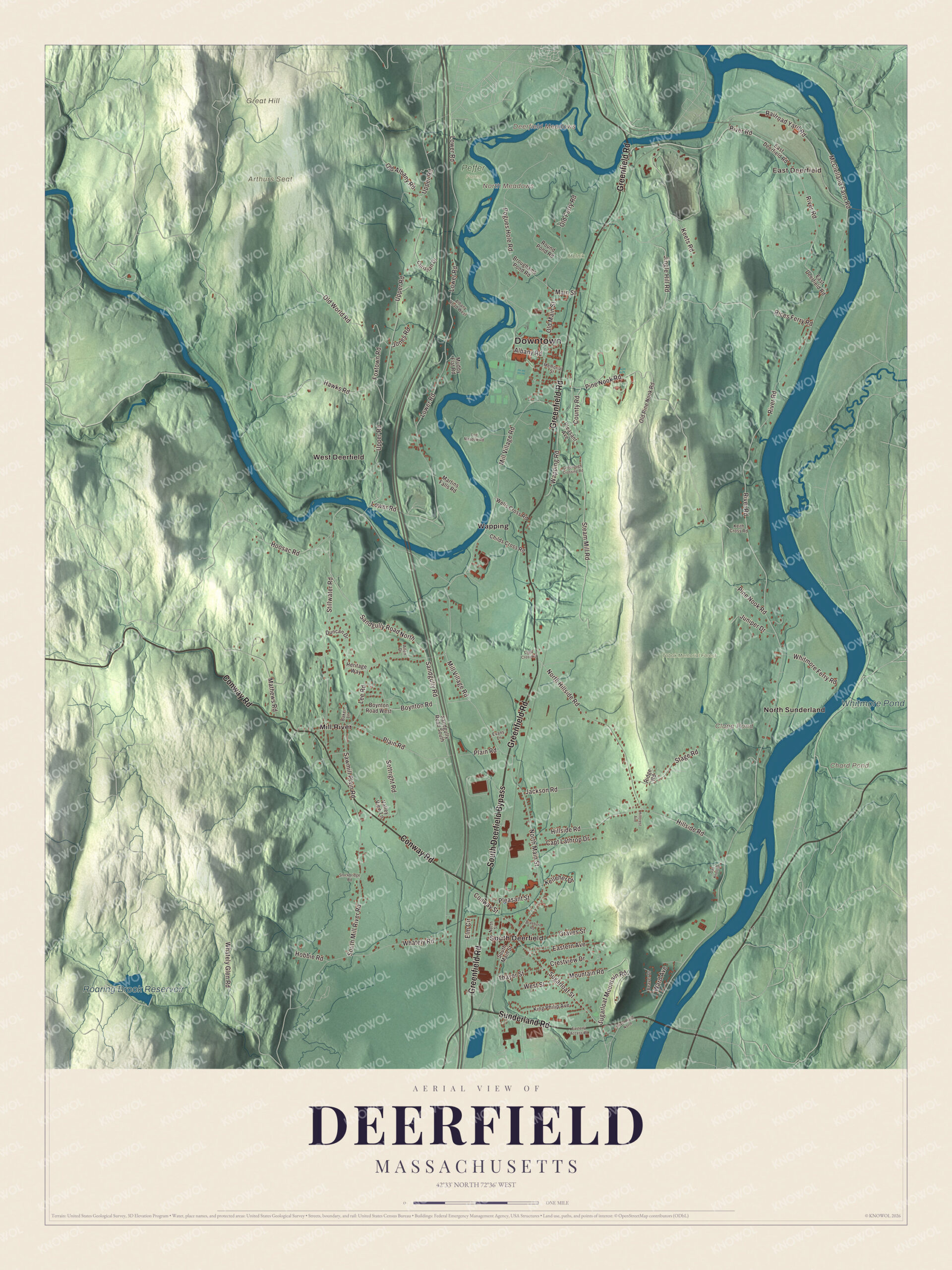 Map of Deerfield, Massachusetts, with Greenfield Road, Sugarloaf Street and South Deerfield