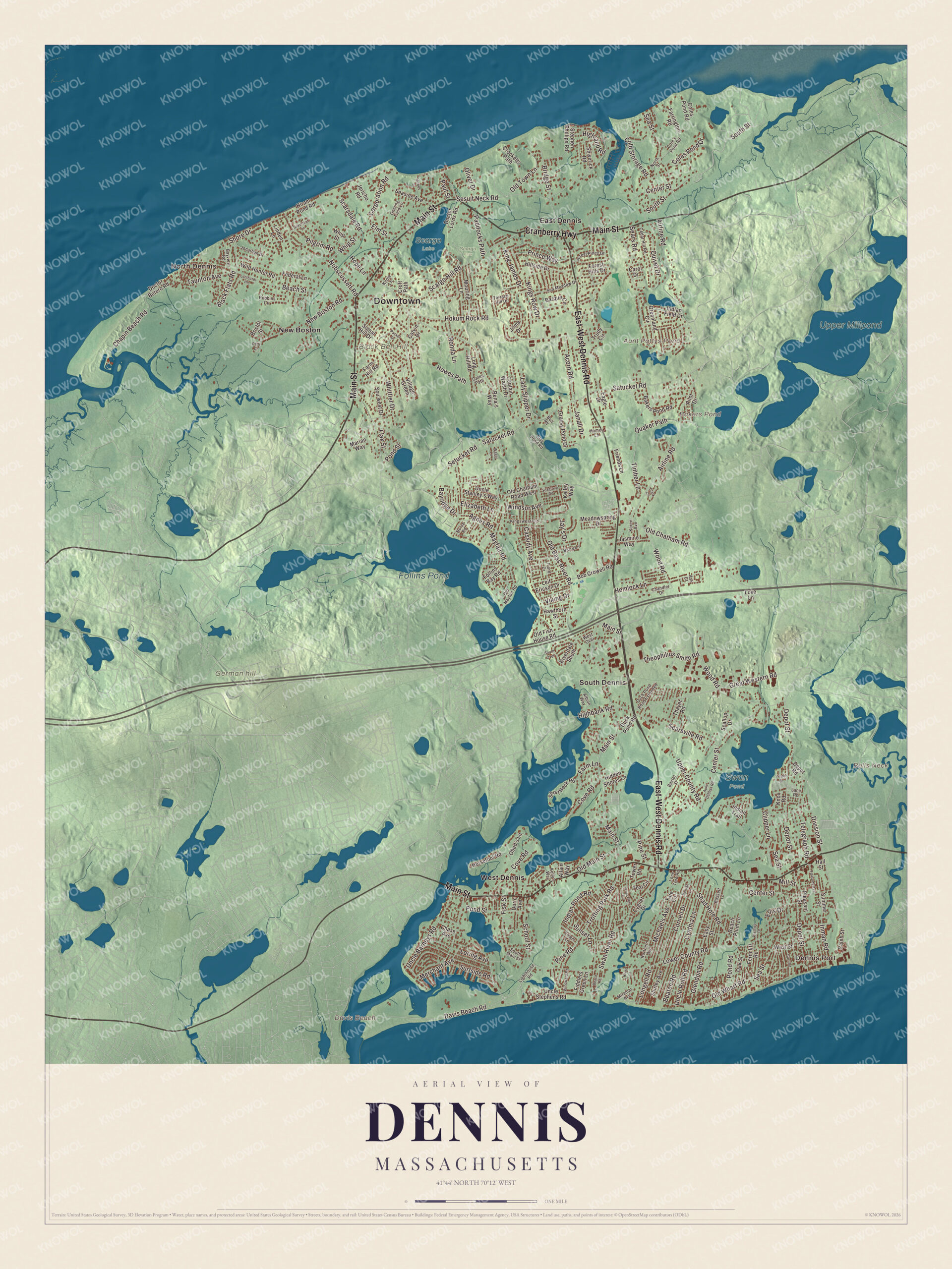 Map of Dennis, Massachusetts, with Main Street, Follins Pond and Davis Beach
