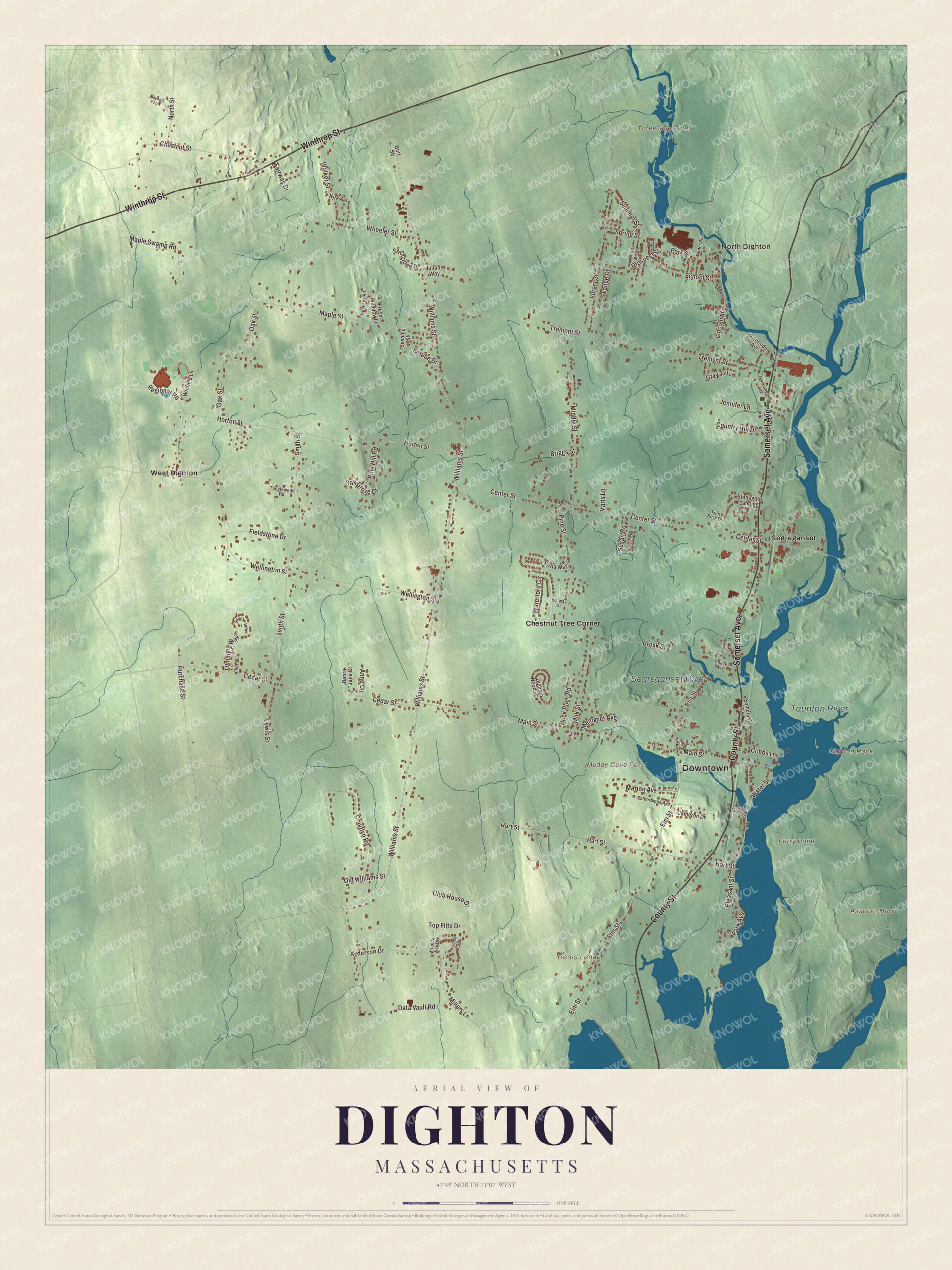 Map of Dighton, Massachusetts, with Somerset Avenue, the Taunton River and the Segreganset River