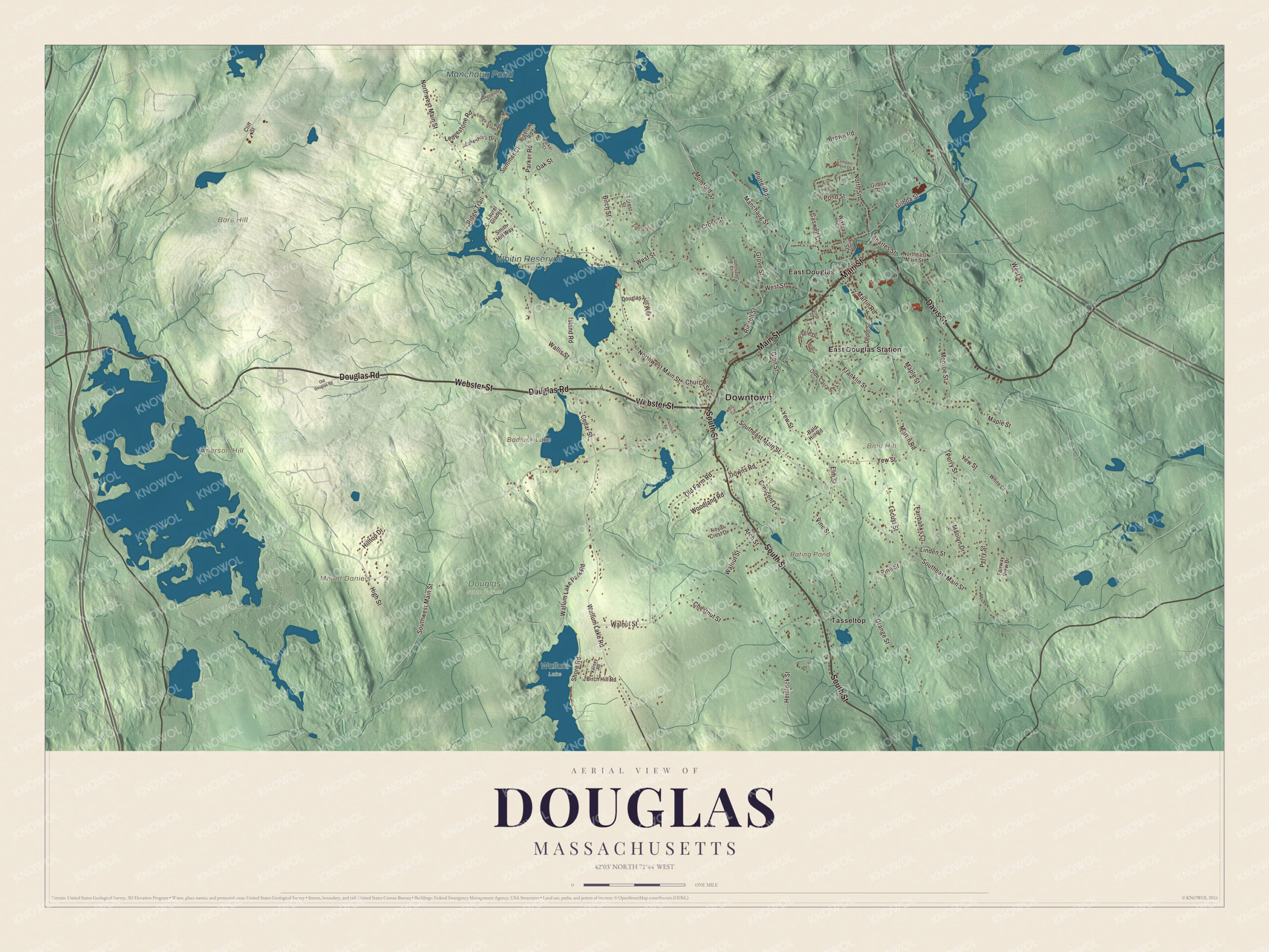 Map of Douglas, Massachusetts, with Main Street, Whitin Reservoir and Manchaug Pond