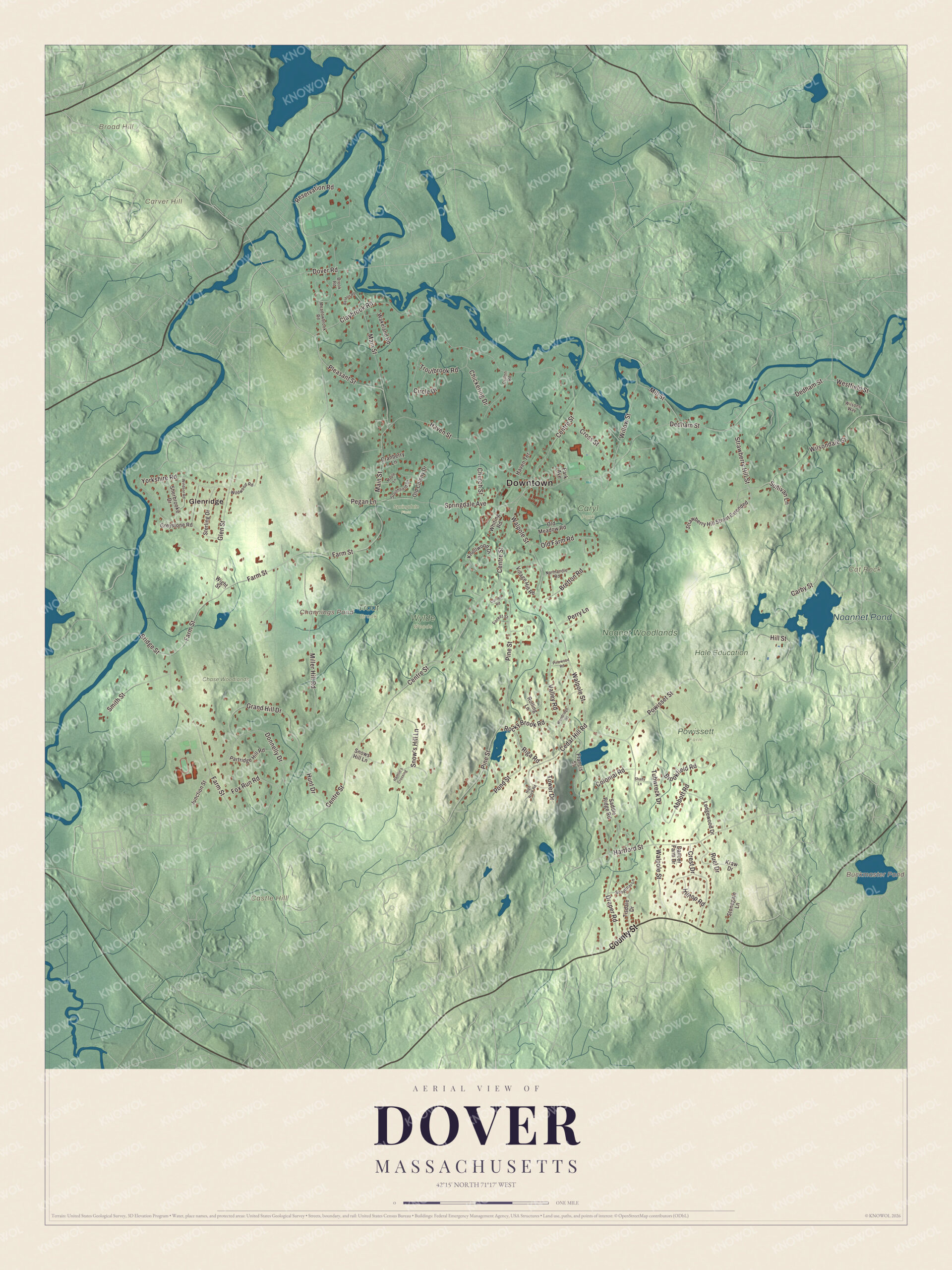 Map of Dover, Massachusetts, with Dedham Street, Farm Street and Noannet Pond