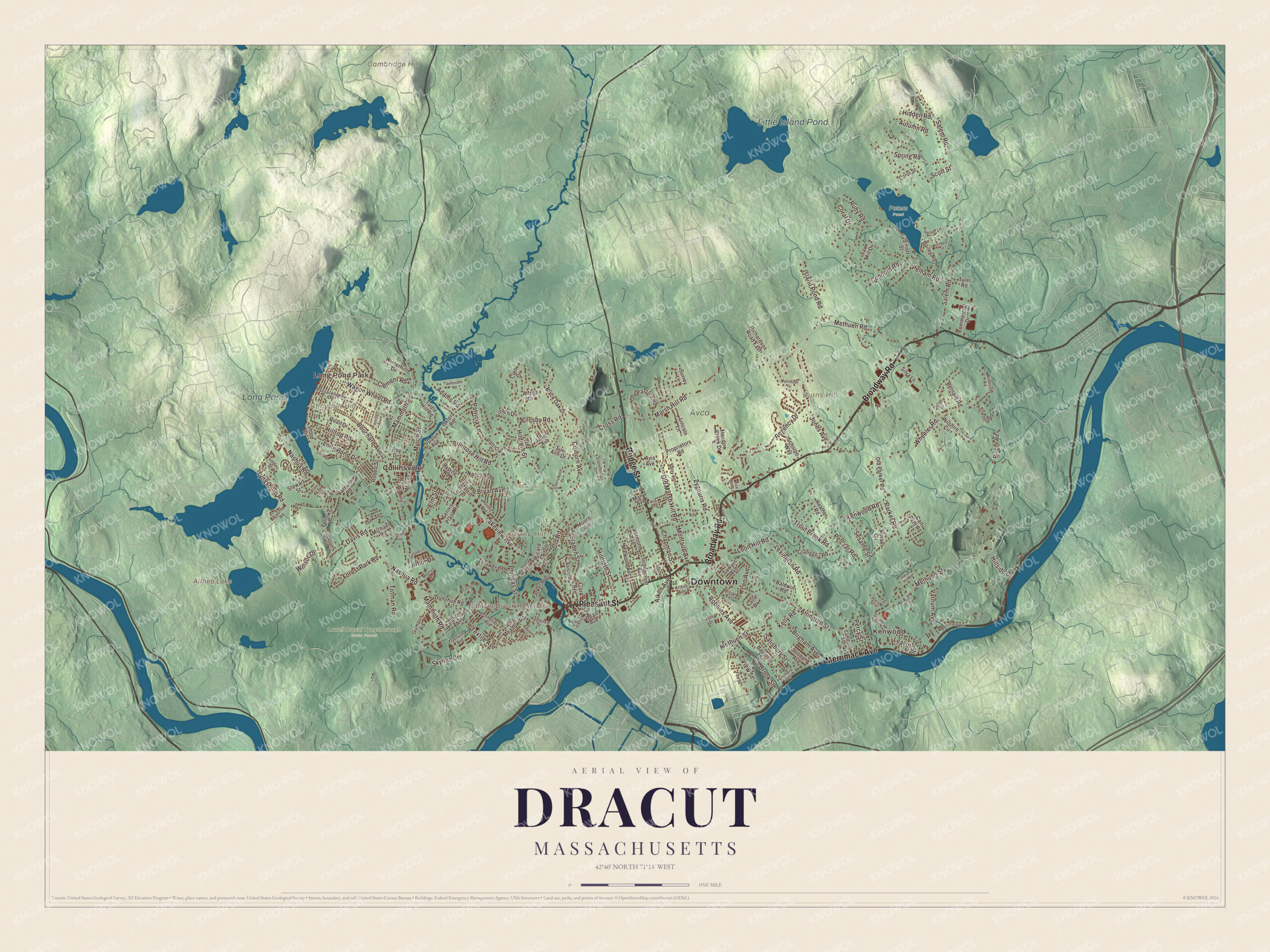 Map of Dracut, Massachusetts, with Broadway Road, Long Pond and the Beaver Brook Reservoir