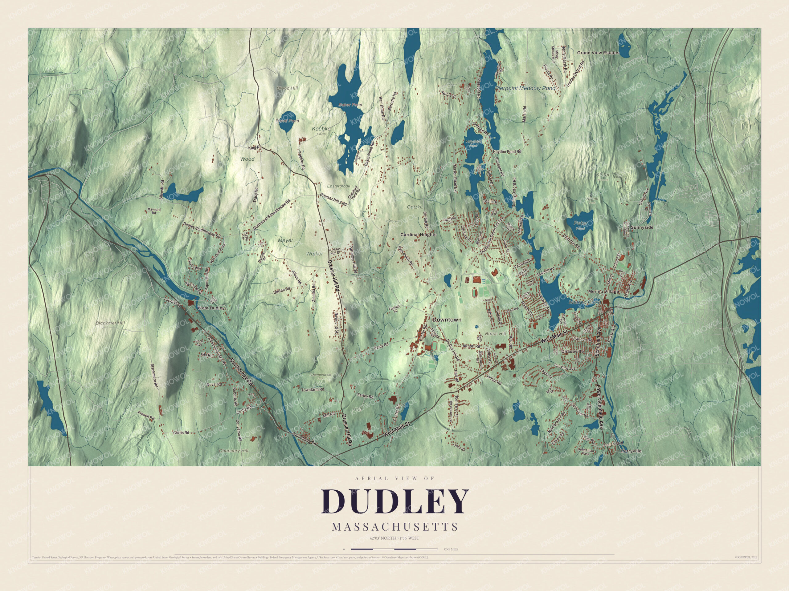 Map of Dudley, Massachusetts, with West Main Street, Merino Pond and Dresser Hill Road