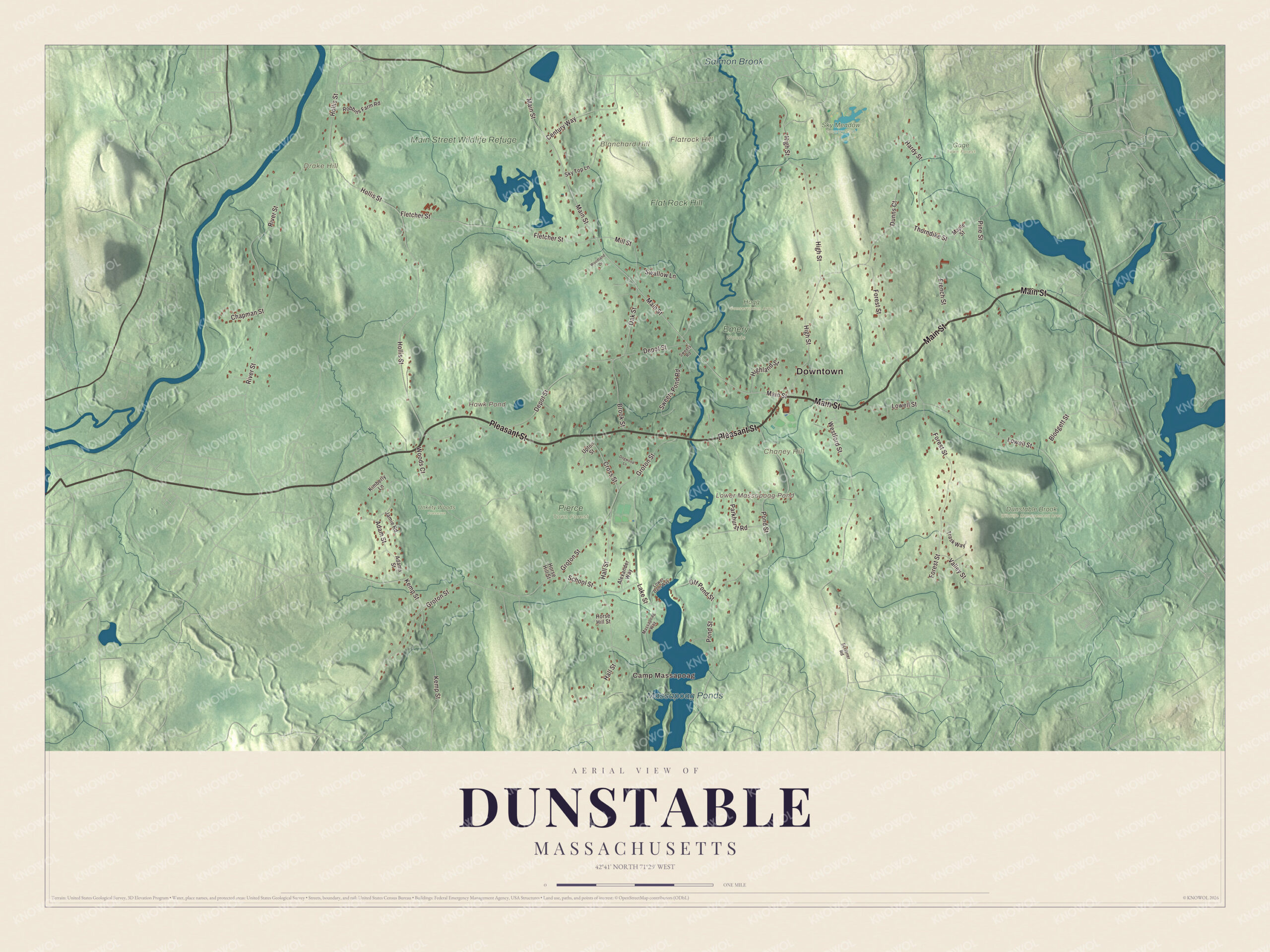 Map of Dunstable, Massachusetts, with Main Street, Lower Massapoag Pond and Salmon Brook