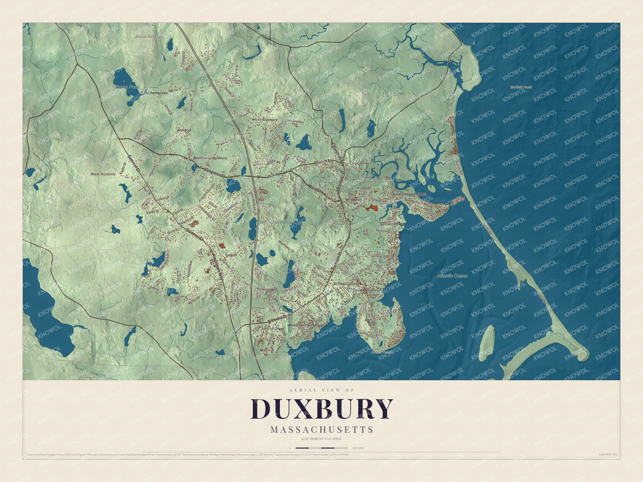 Map of Duxbury, Massachusetts, with Congress Street, Island Creek and Alden Island